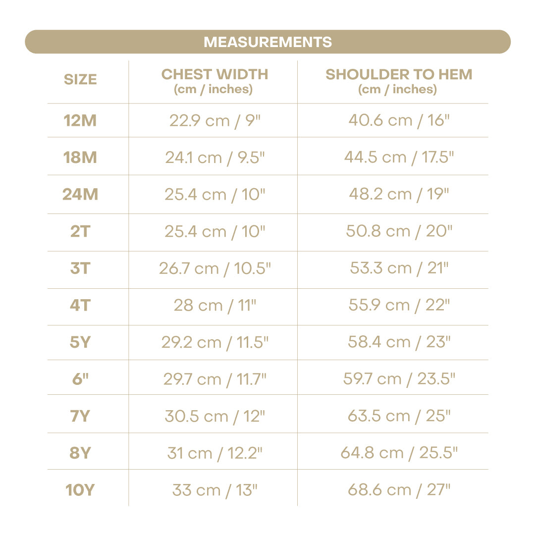 Size chart for Abigail Girl Dress