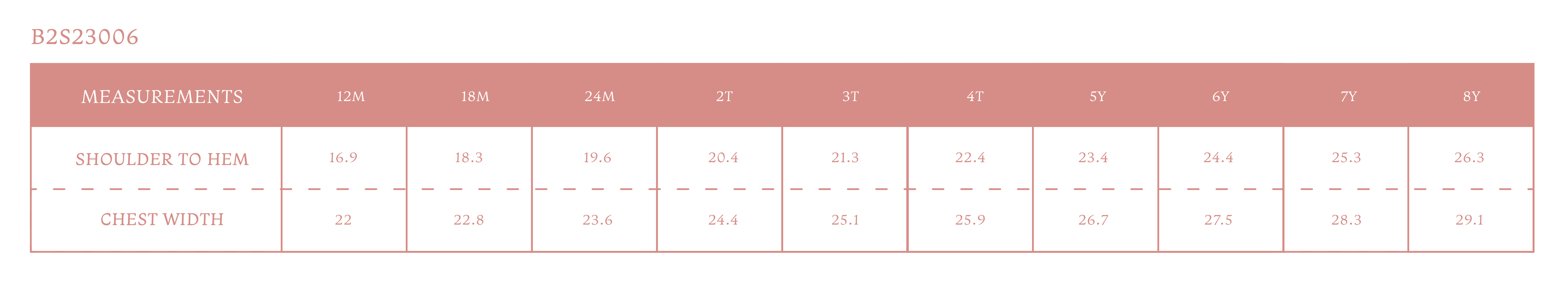 Size chart for Orchards Girl Dress