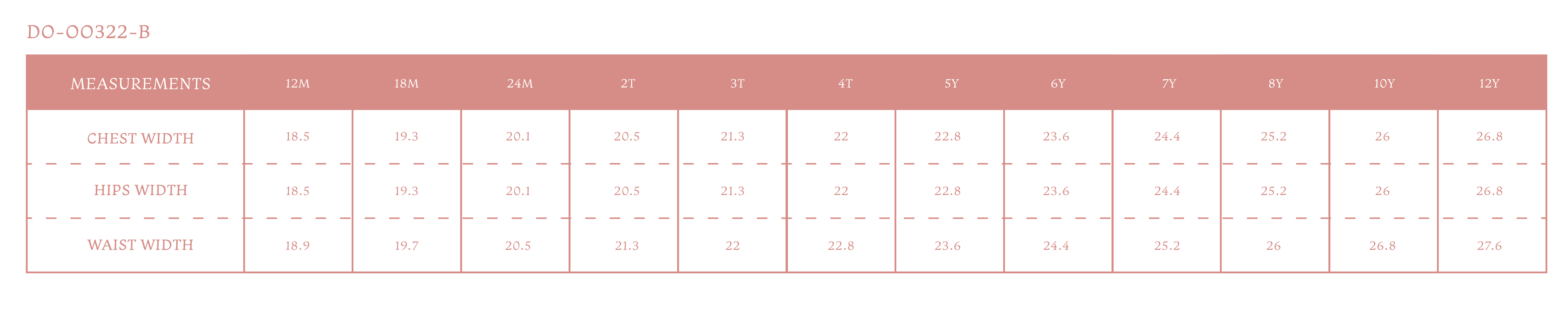 Size chart for Pearl Girl One Piece