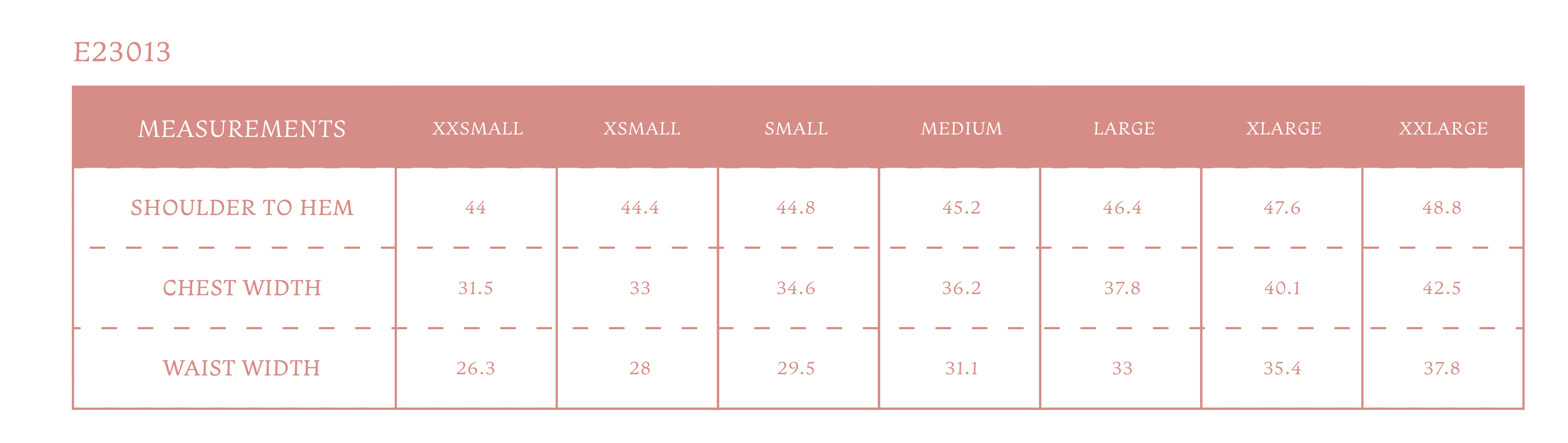 Size chart for Women's Posy Dress