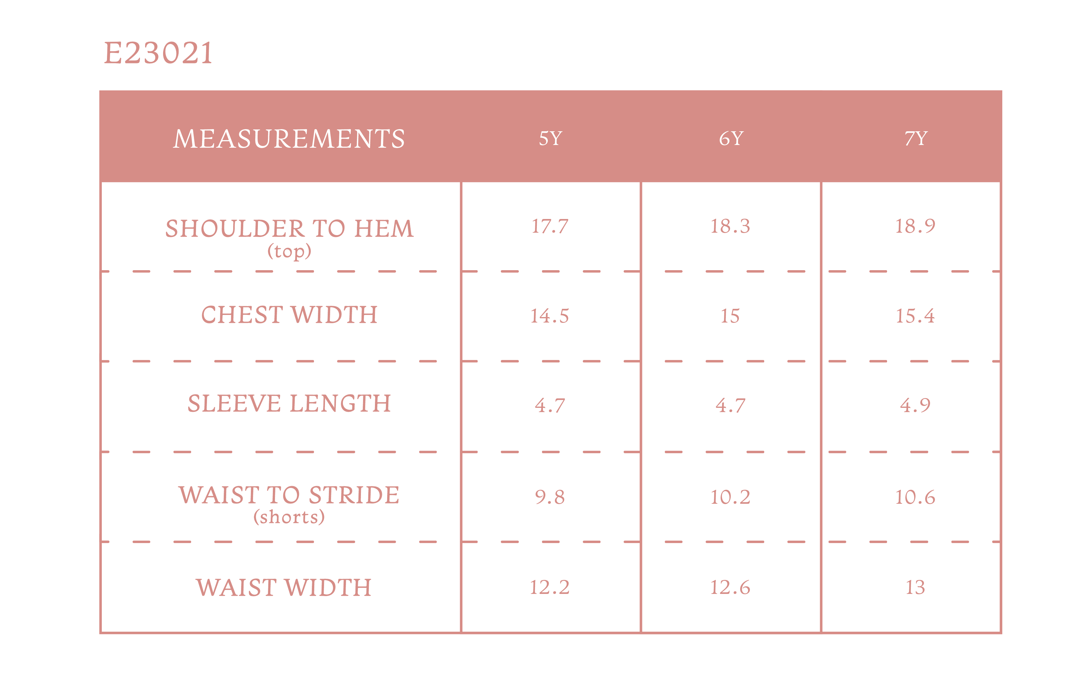 Size chart for Peter Boy Set