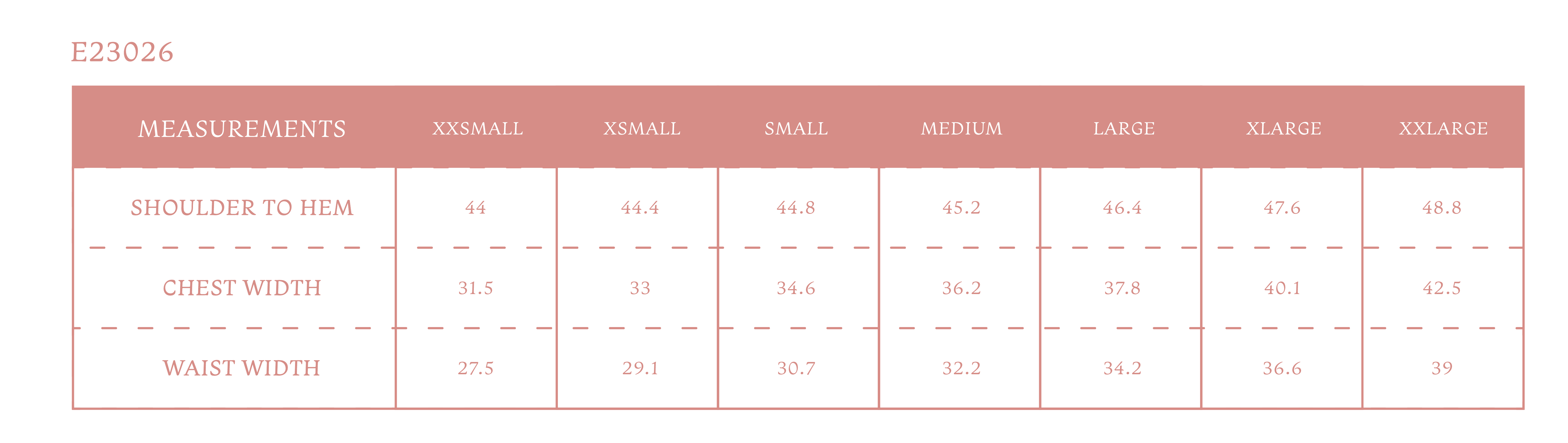 Size chart for Women's Poppy Dress