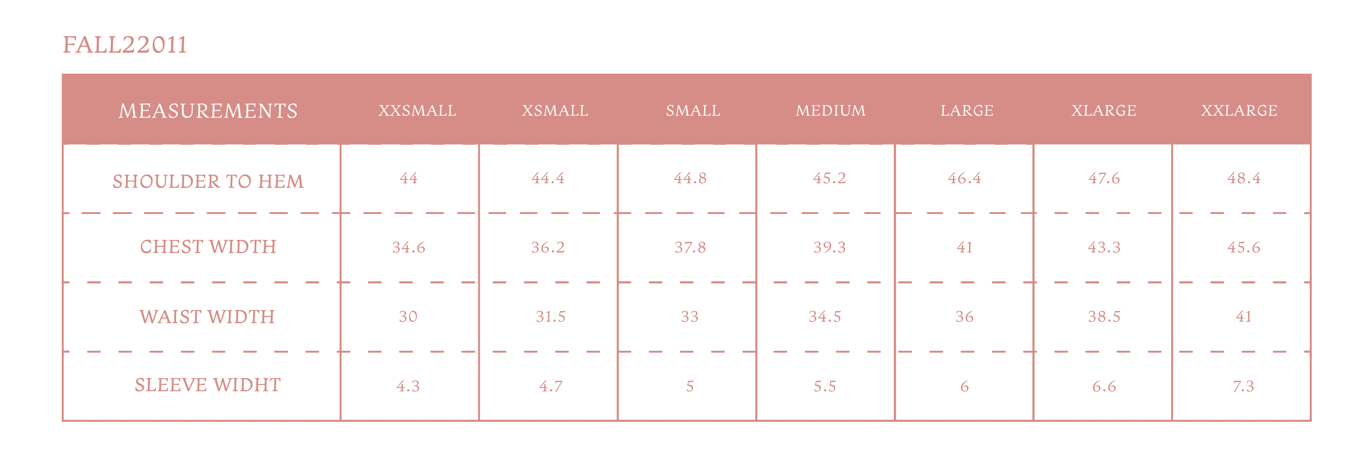 Size chart for Women's Frances Dress