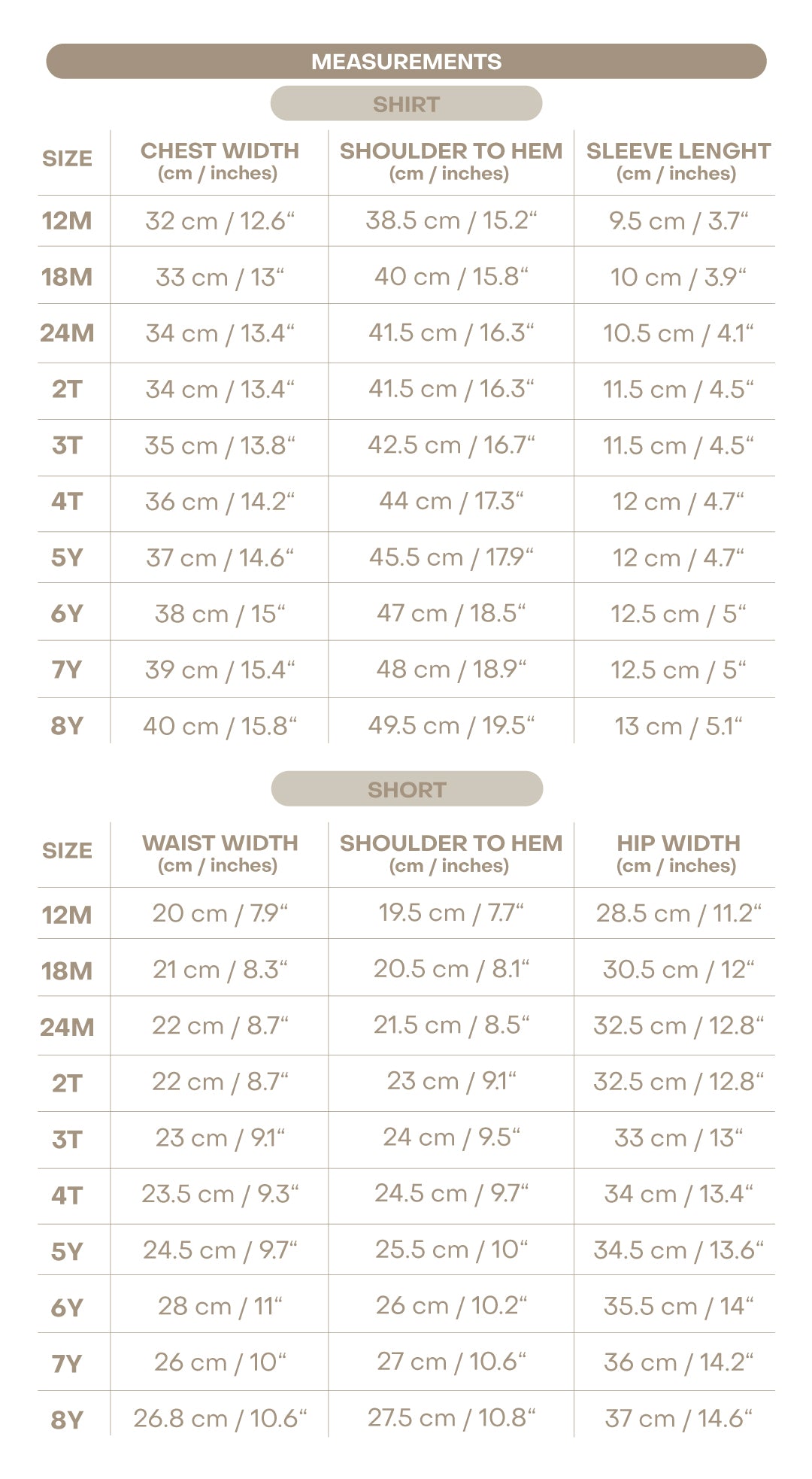 Size chart for Liam Boy Set