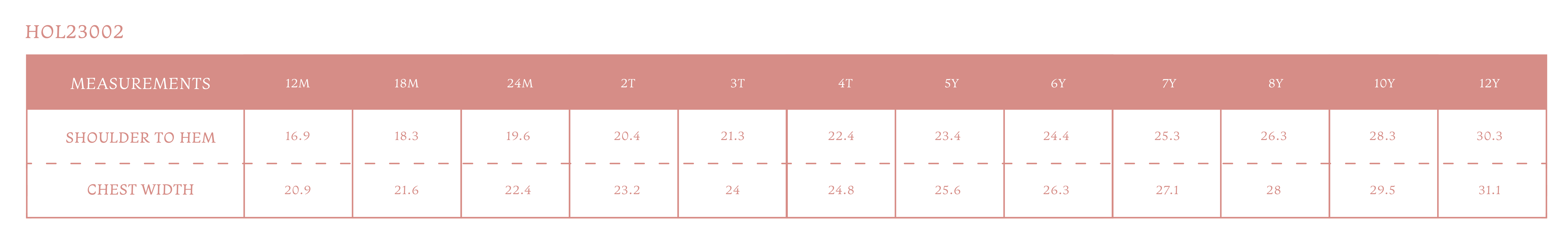 Size chart for Poinsettia Girl Dress