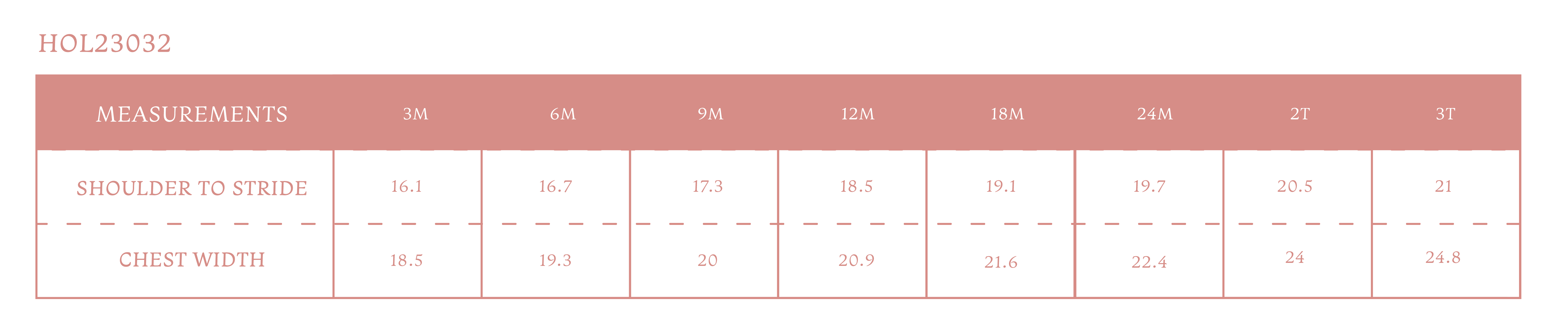 Size chart for Hollis Boy Bubble