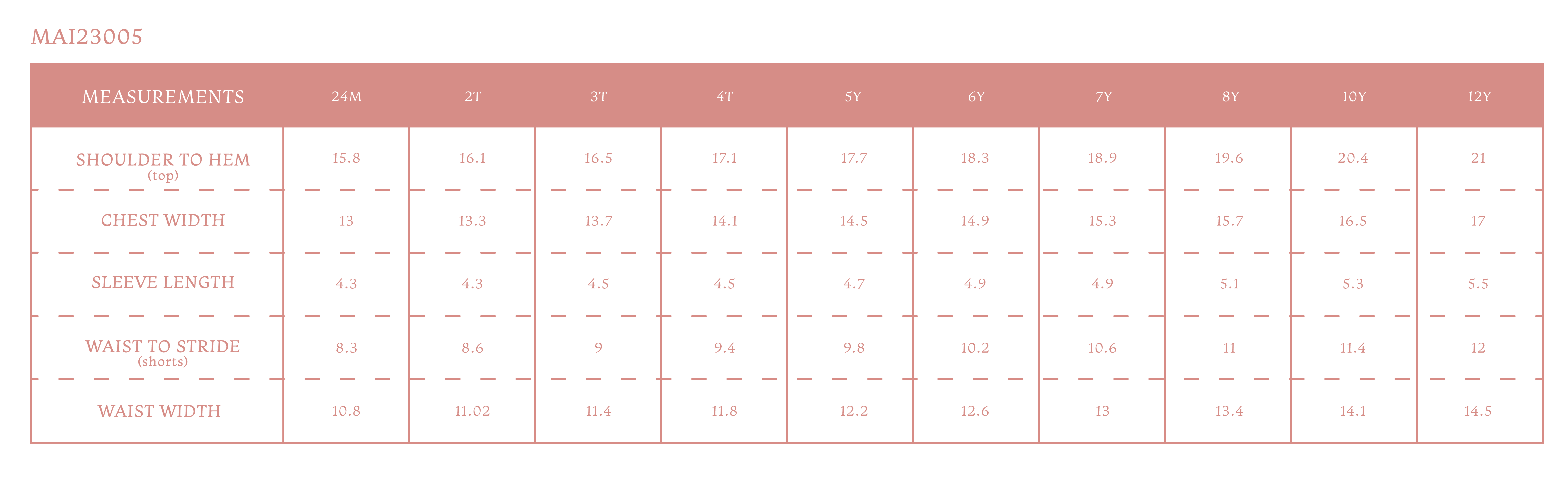 Size chart for Il Pellicano Boy Set