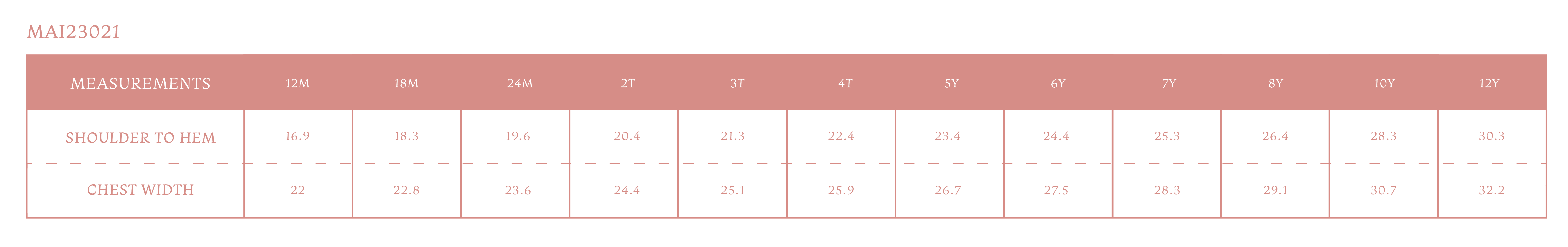 Size chart for Amalfi Girl Dress