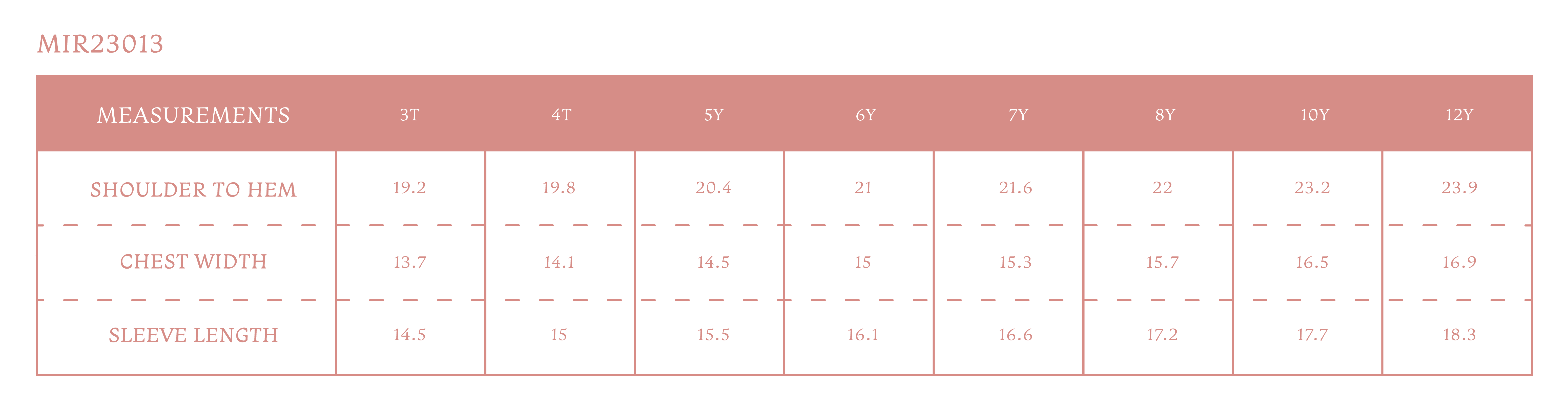 Size chart for Bates Boy Button Down