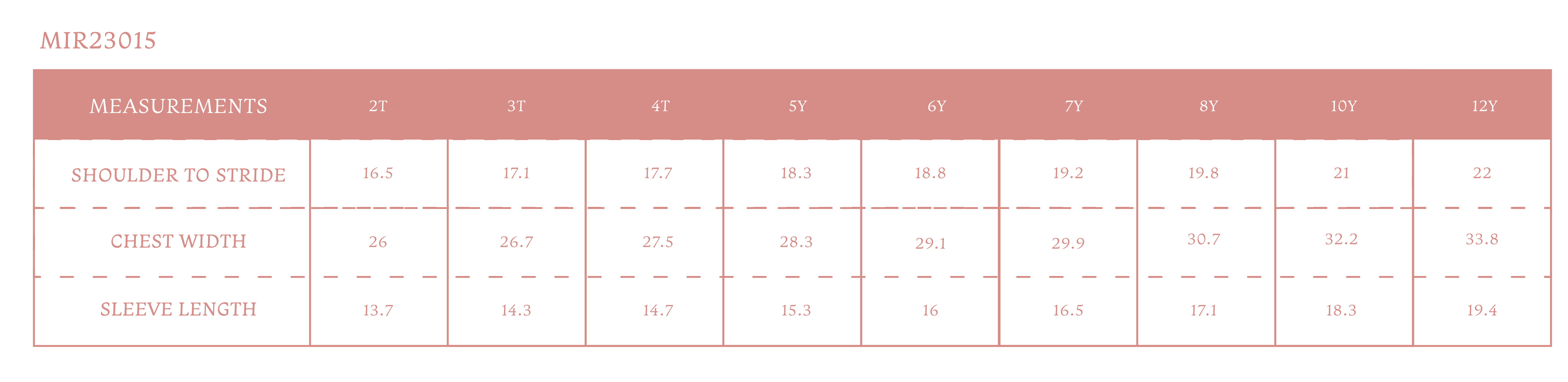 Size chart for Corrine Girl Jacket