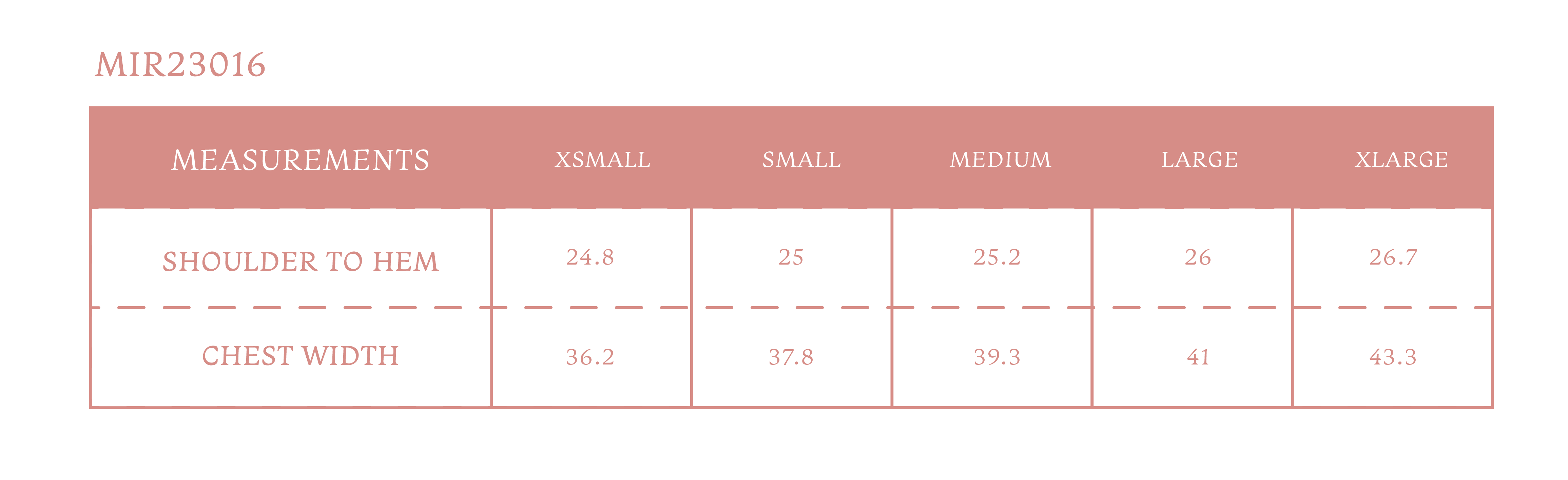 Size chart for Women's Corrine Jacket