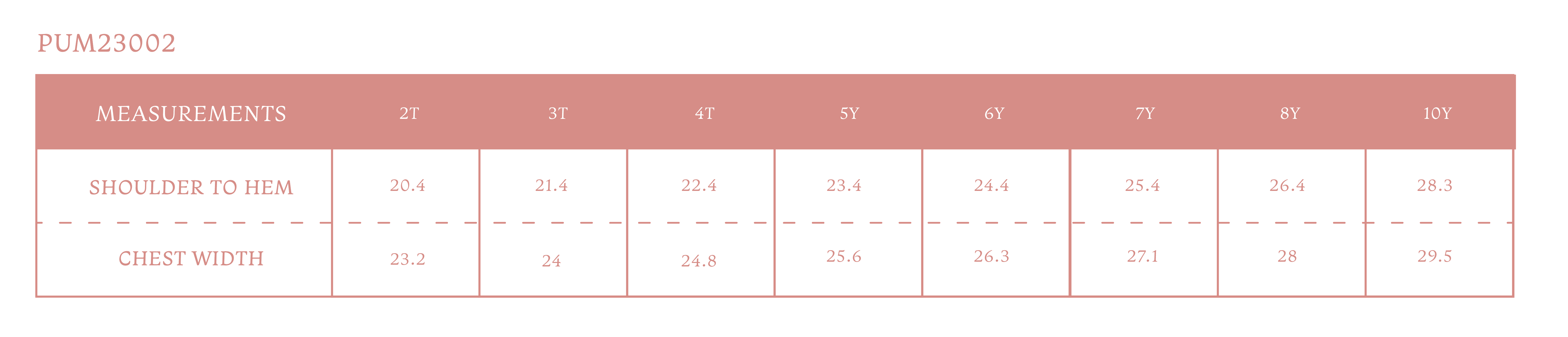 Size chart for Louise Pumpkin Girl Dress