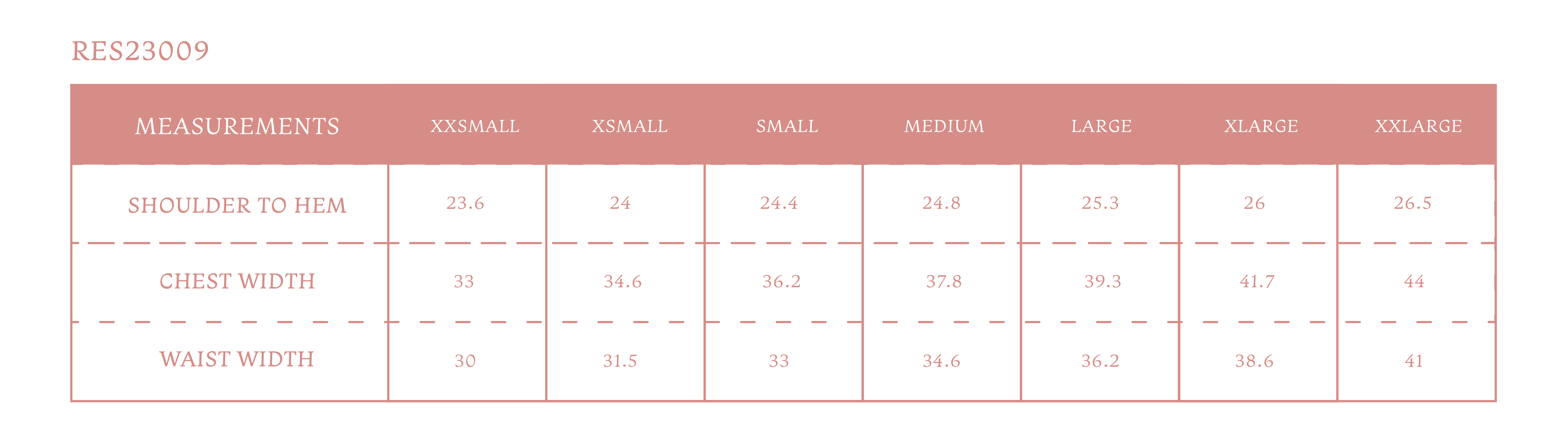 Size chart for Women's Pearl Shirt