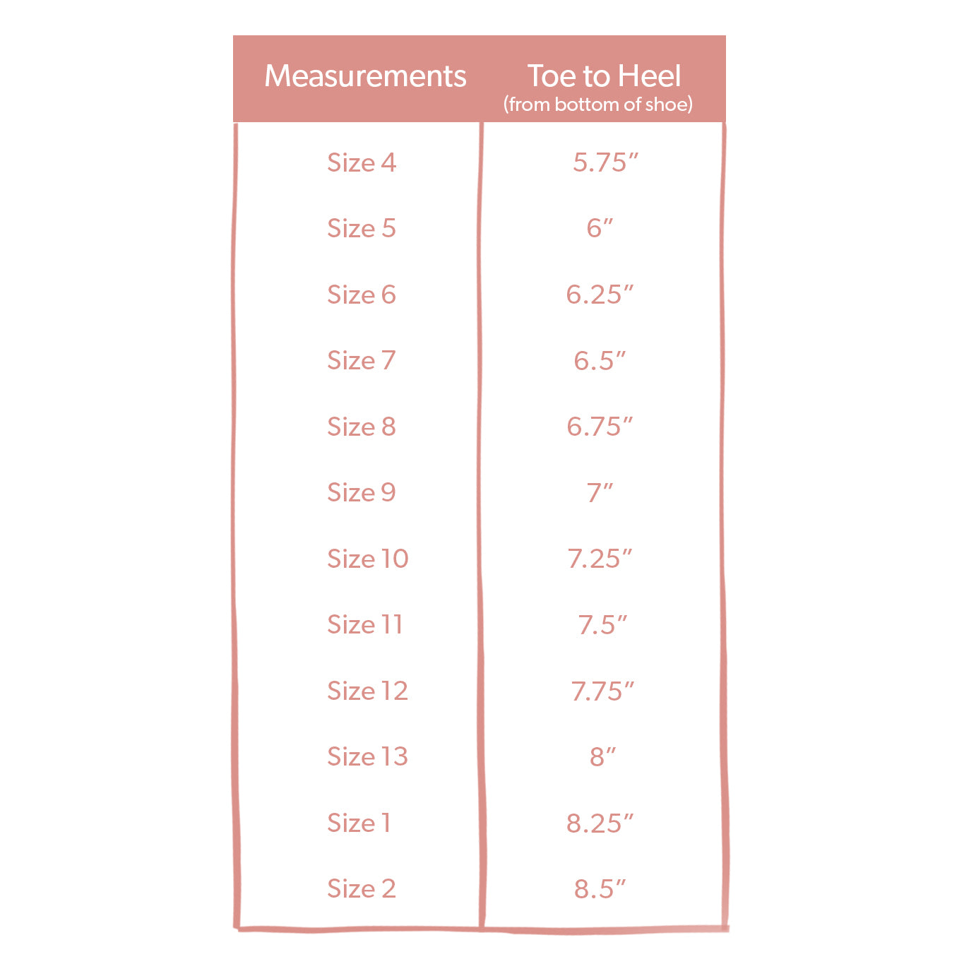 Size chart for Ruthie Sandals - Hot Pink