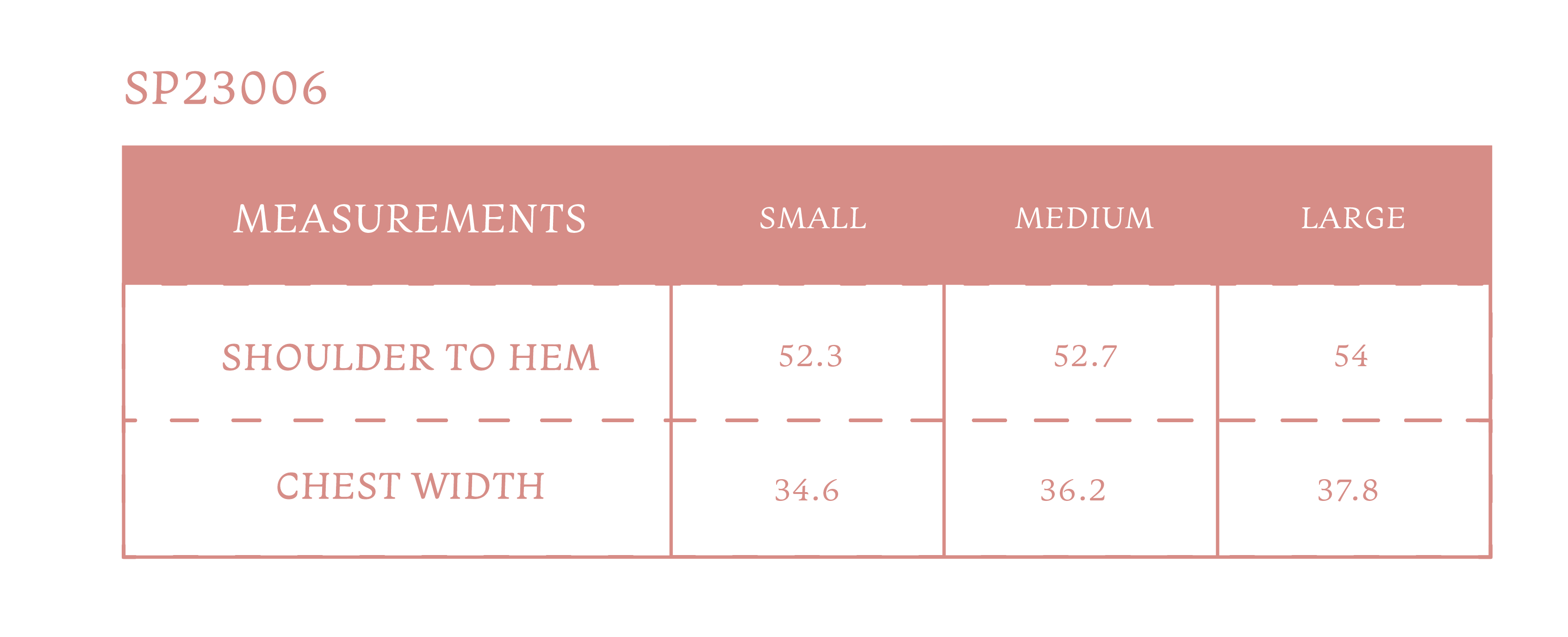 Size chart for Women's Dahlia Dress