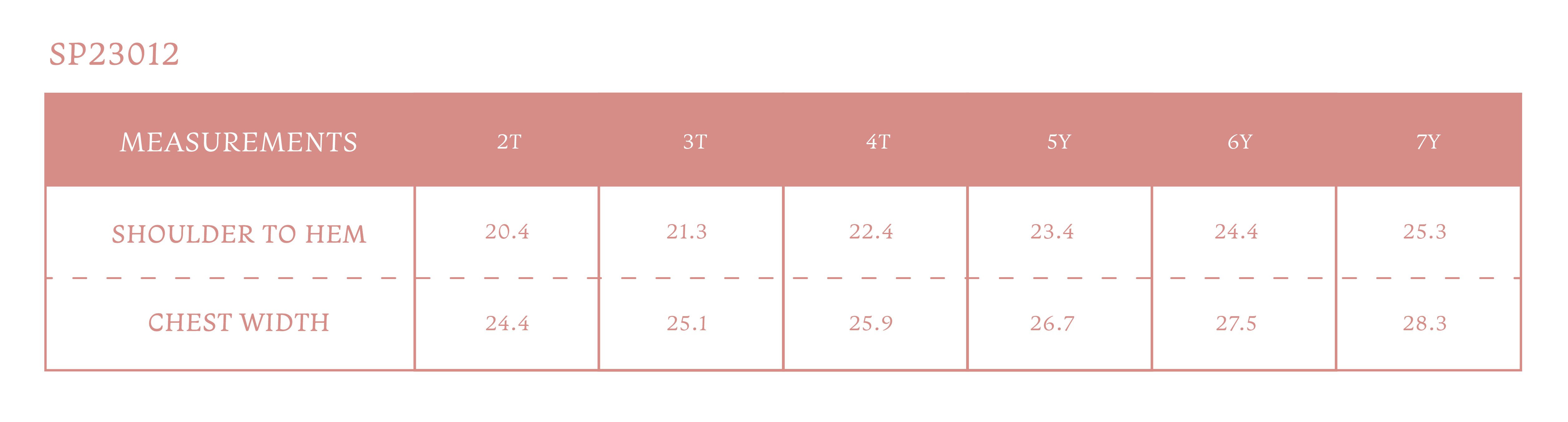 Size chart for Daisy Girl Dress