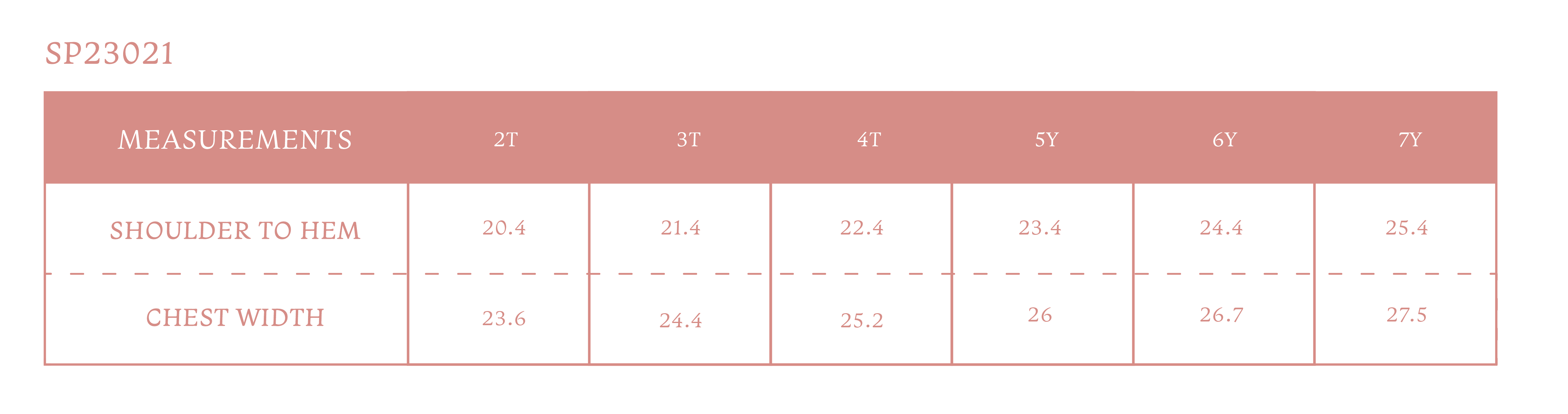 Size chart for Camila Girl Dress