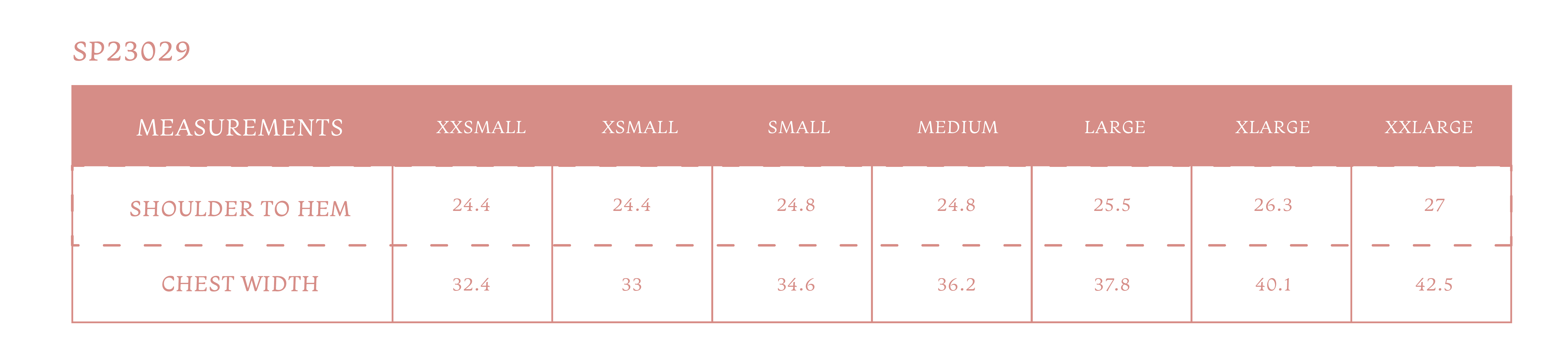 Size chart for Women's Rosalie Shirt