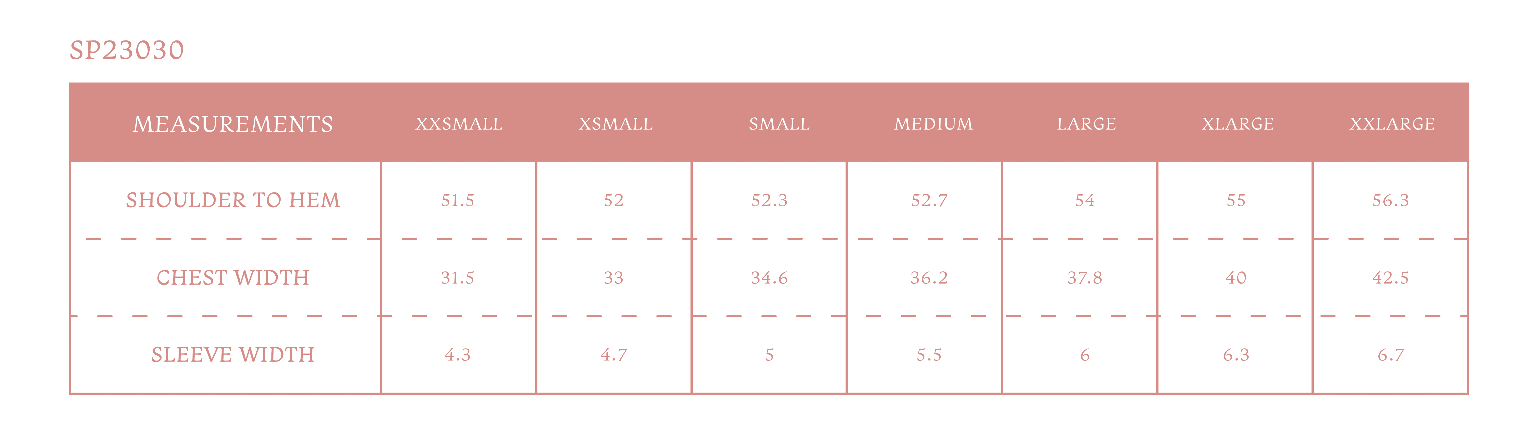 Size chart for Women's Delphine Dress