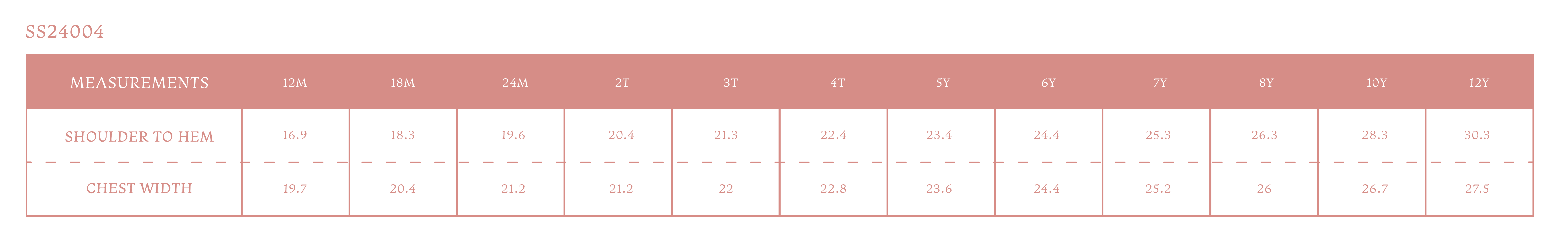 Size chart for Gardenia Girl Dress