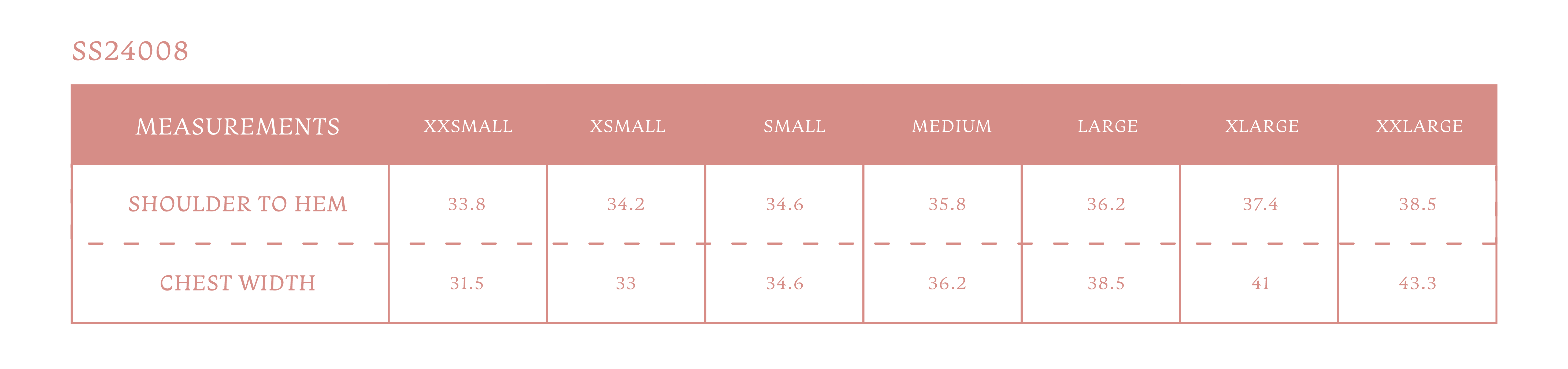 Size chart for Women's Gardenia Dress