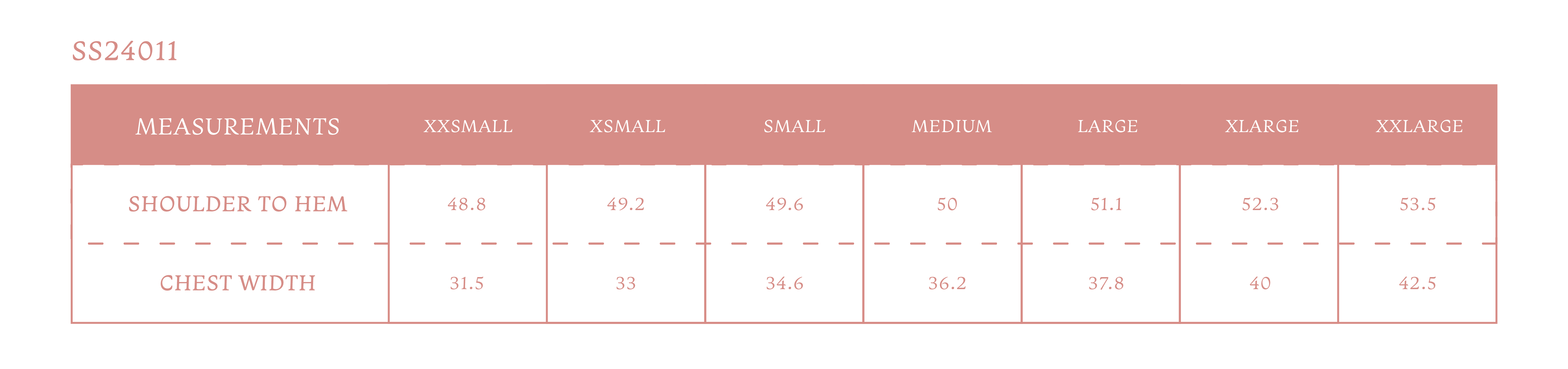 Size chart for Women's Rosie Dress