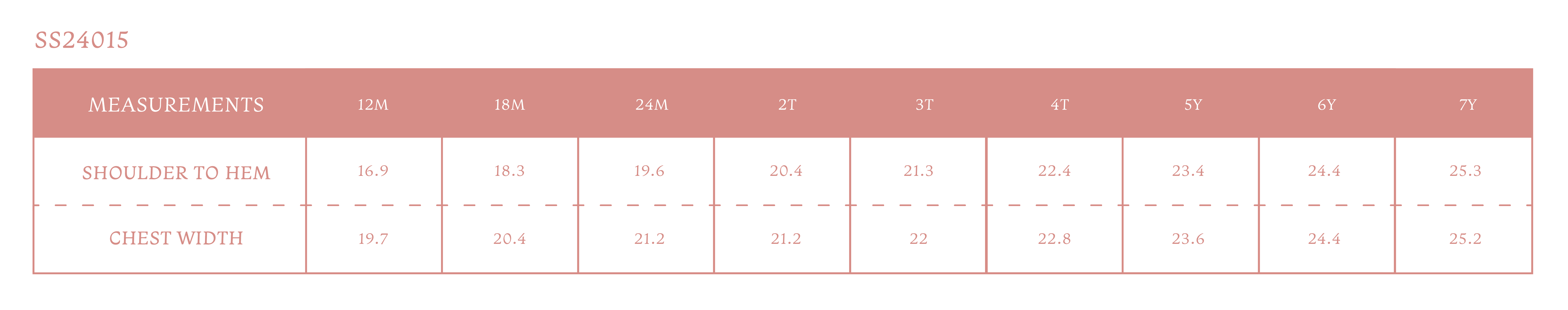 Size chart for Virginia Girl Dress