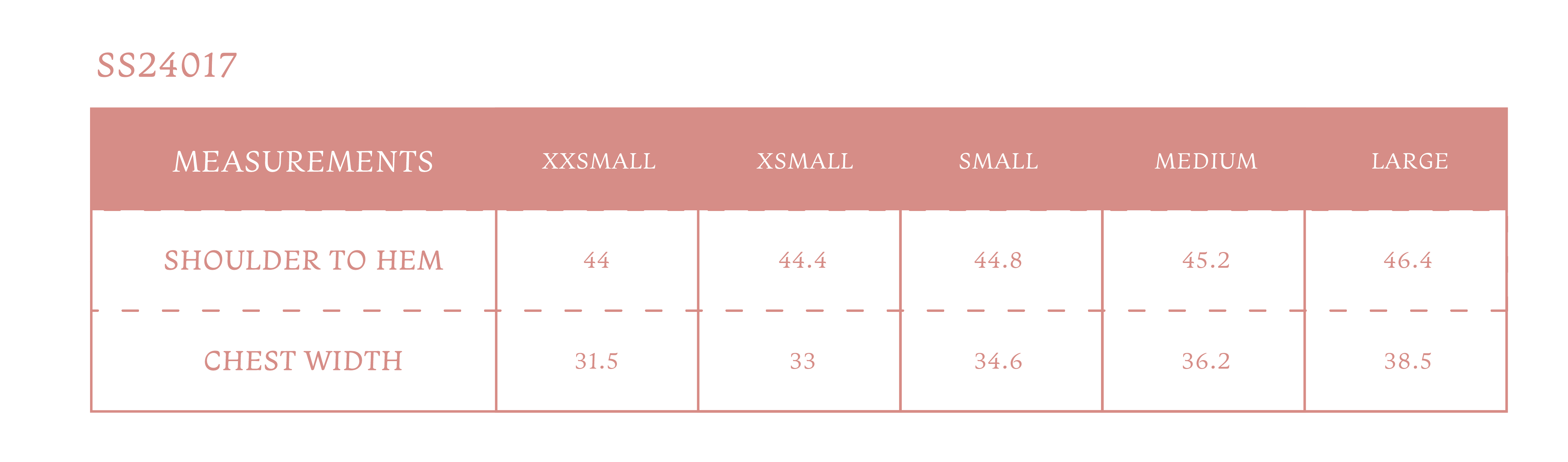 Size chart for Women's Virginia Dress