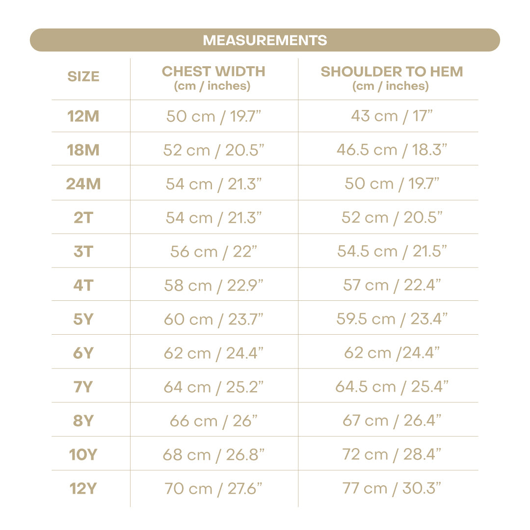 Size chart for Sofia Big Girl Dress