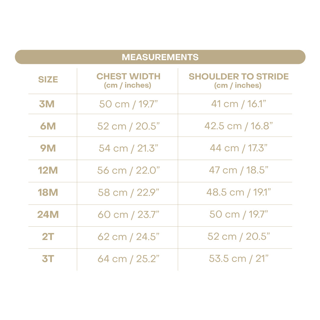 Size chart for Chester Boy Bubble