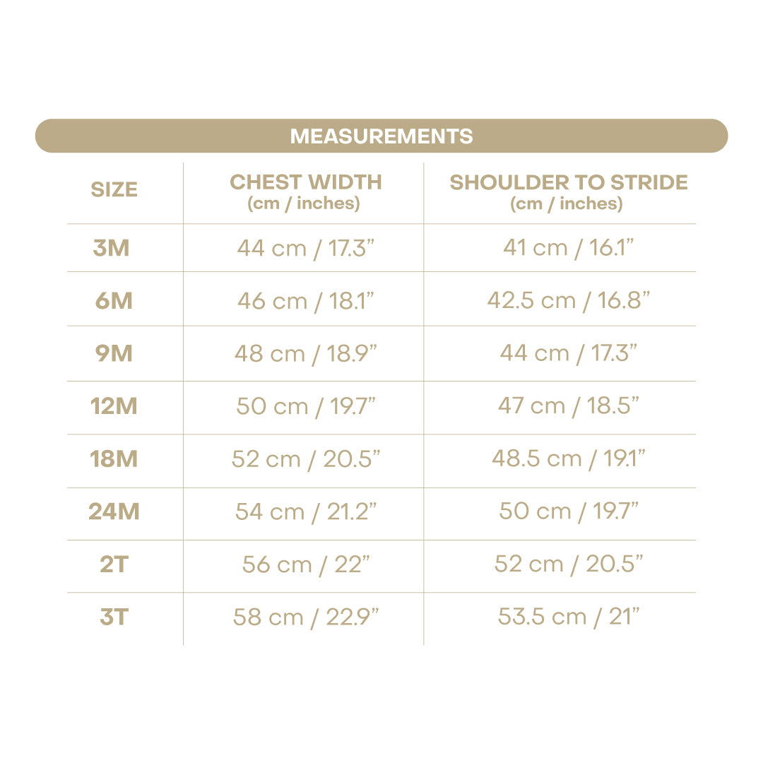 Size chart for Penny Girl Bubble