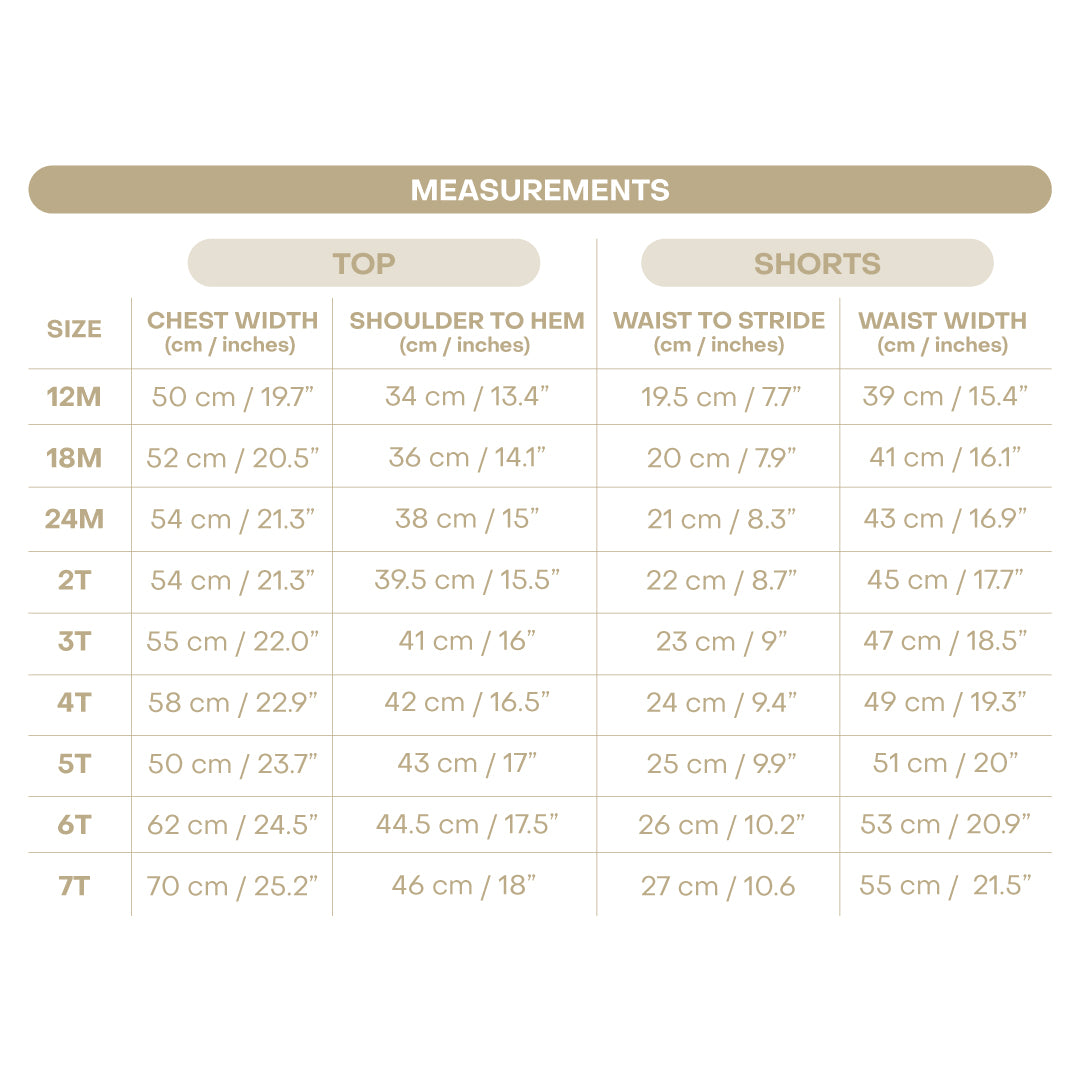 Size chart for Penny Girl Set