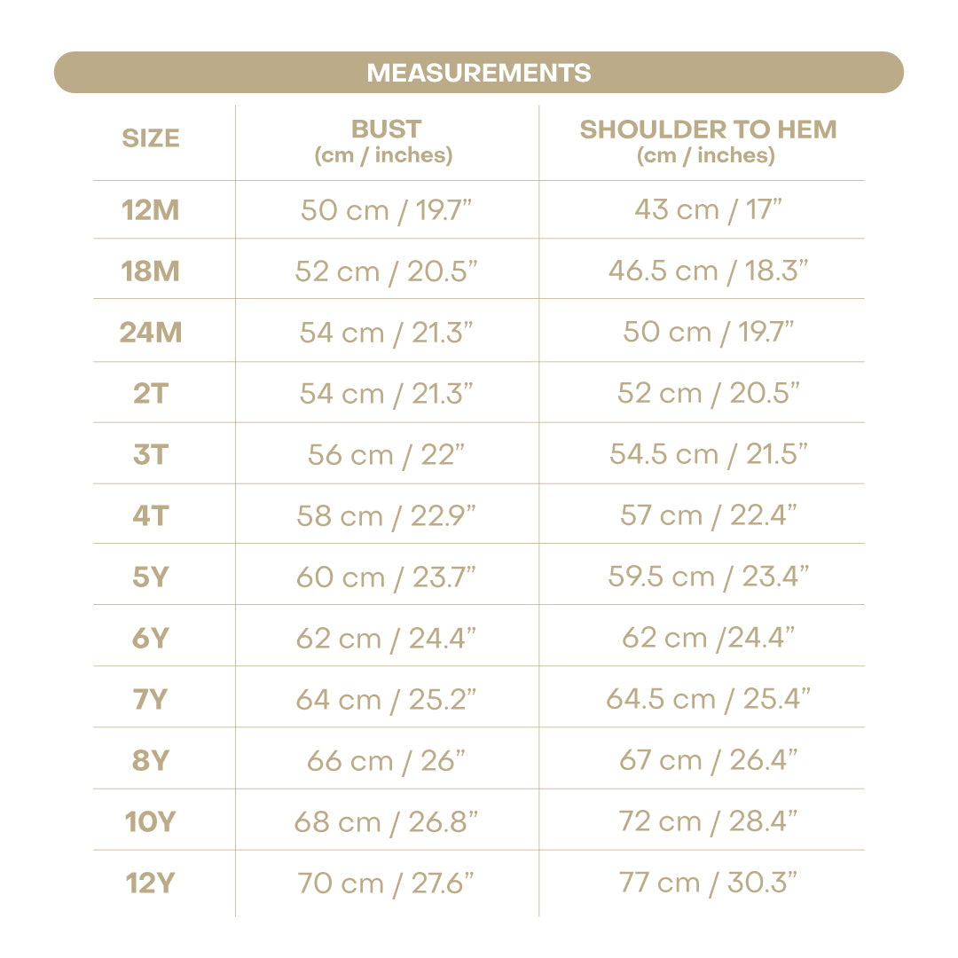 Size chart for Strawberry Patch Girl Dress