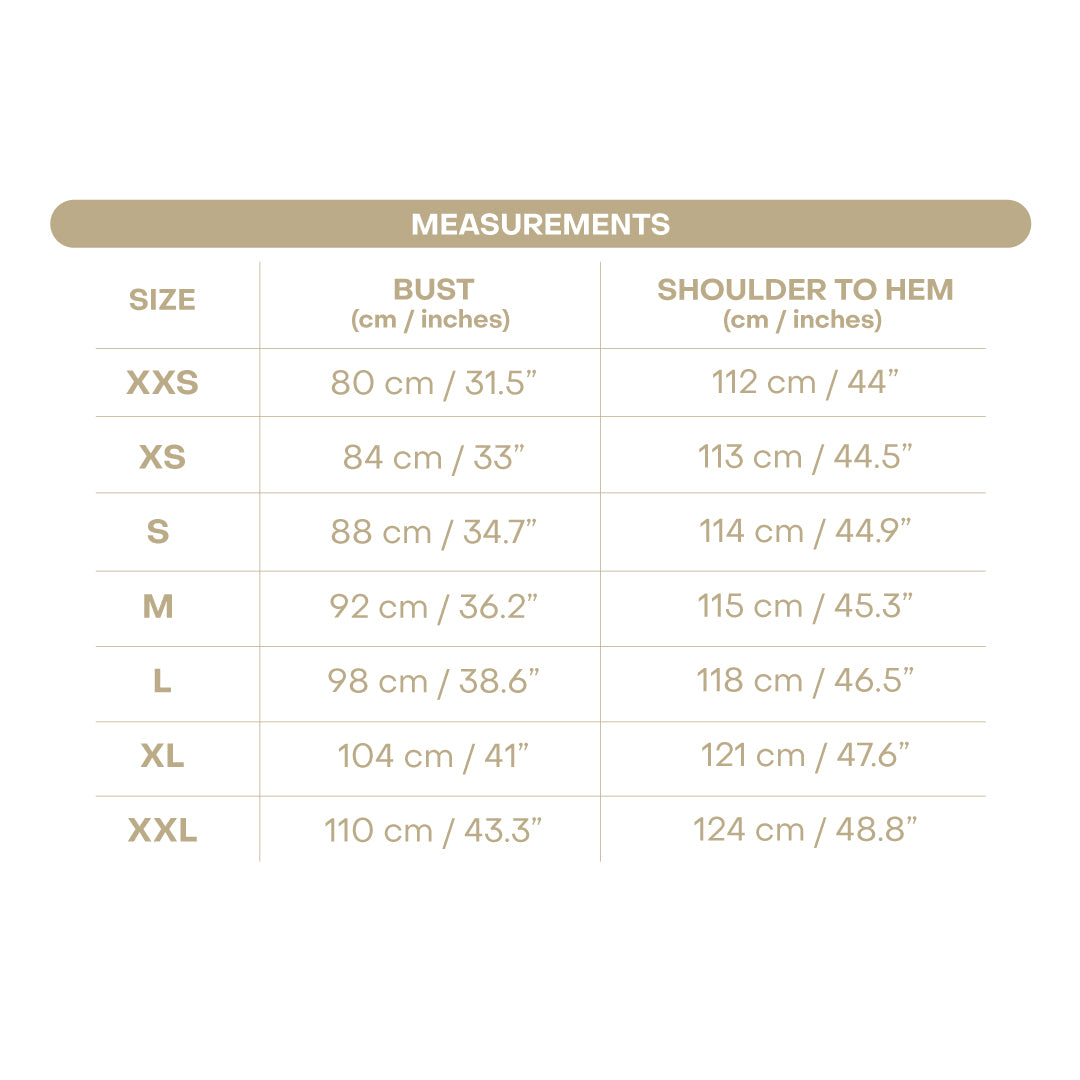 Size chart for Women's Grace Dress