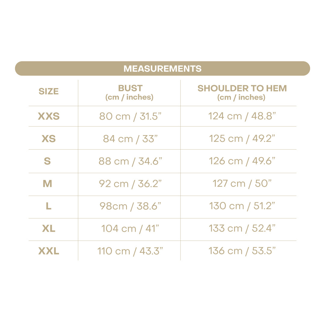 Size chart for Women's Abigail Dress