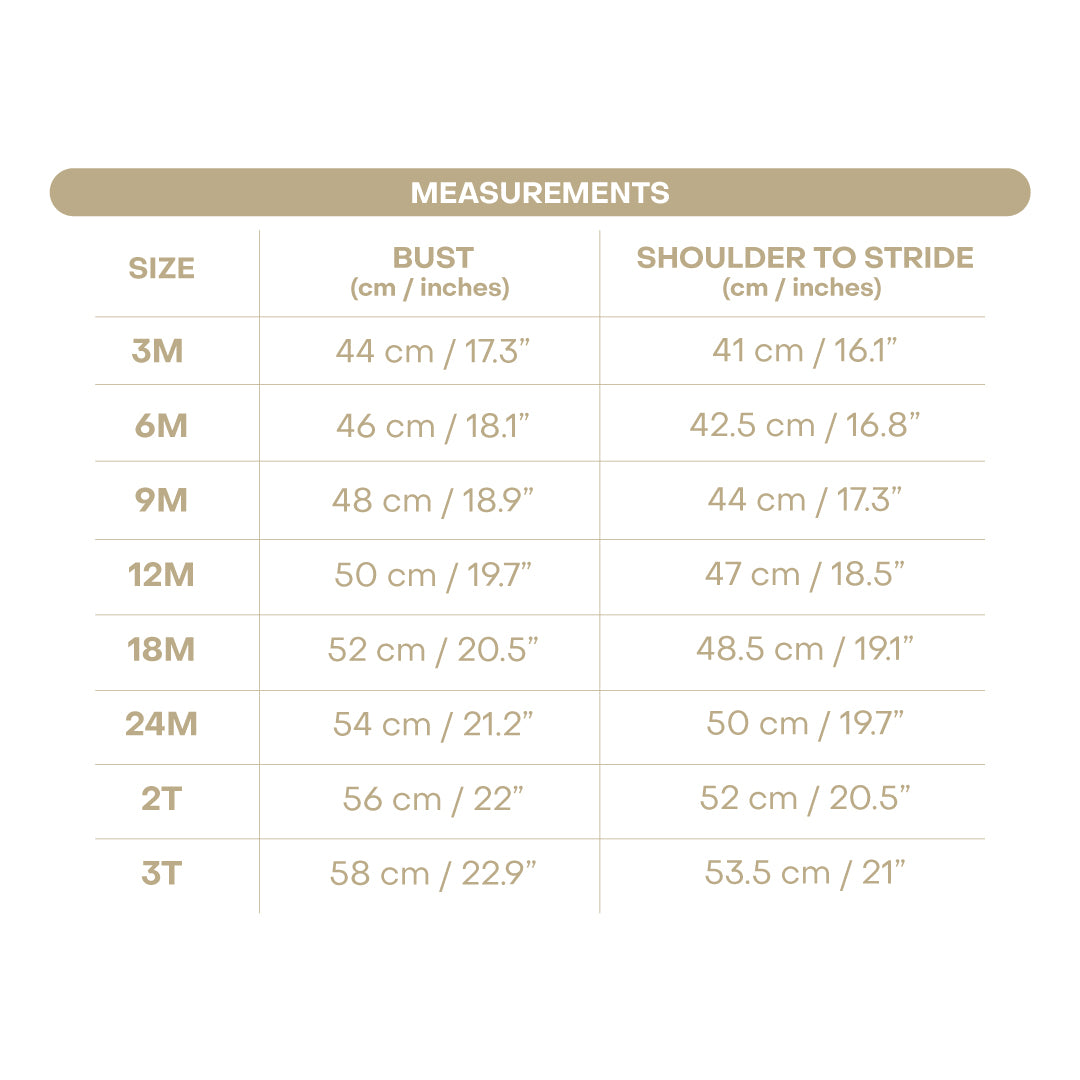 Size chart for Sunflower Boy Bubble