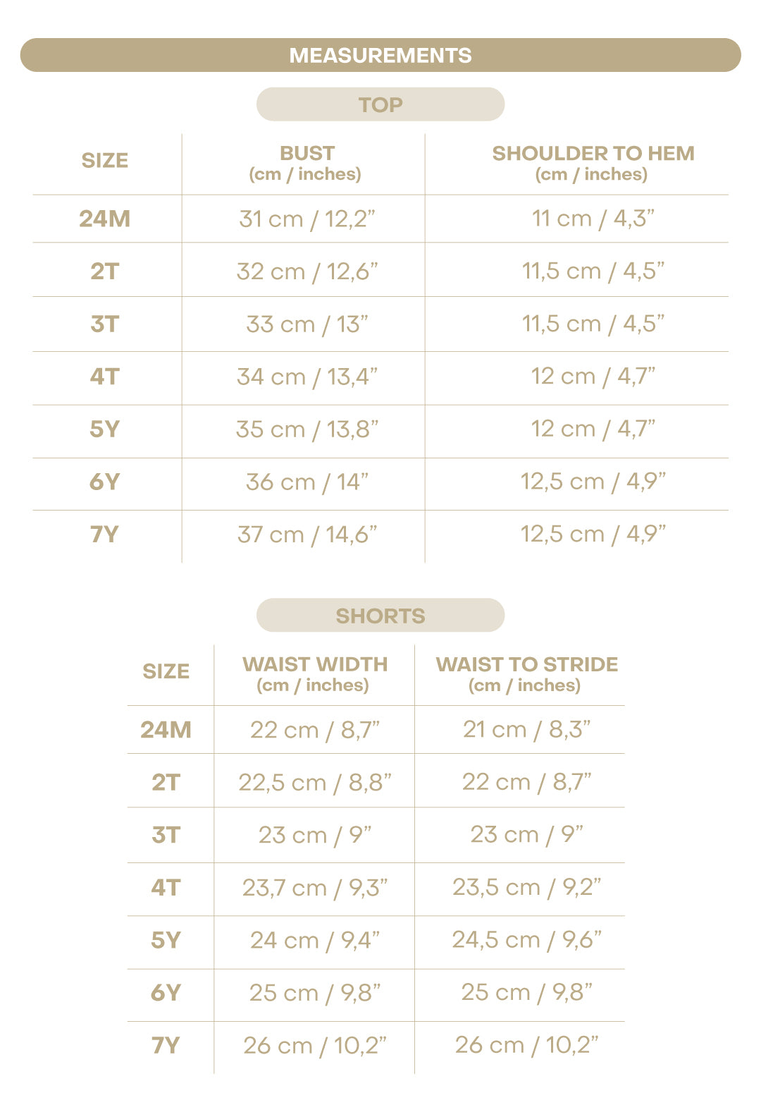 Size chart for Sunflower Boy Set