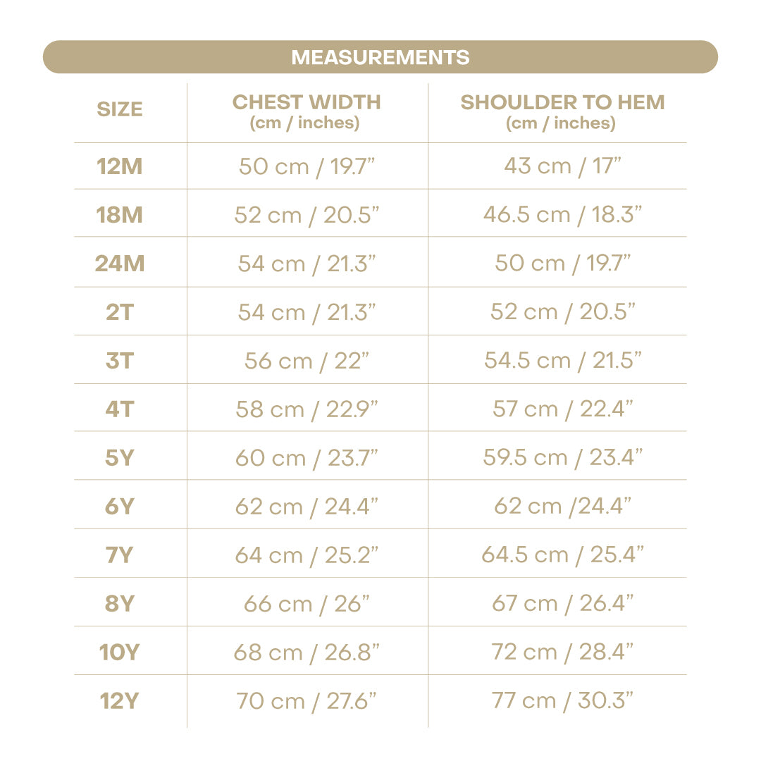 Size chart for Fiori Girl Dress