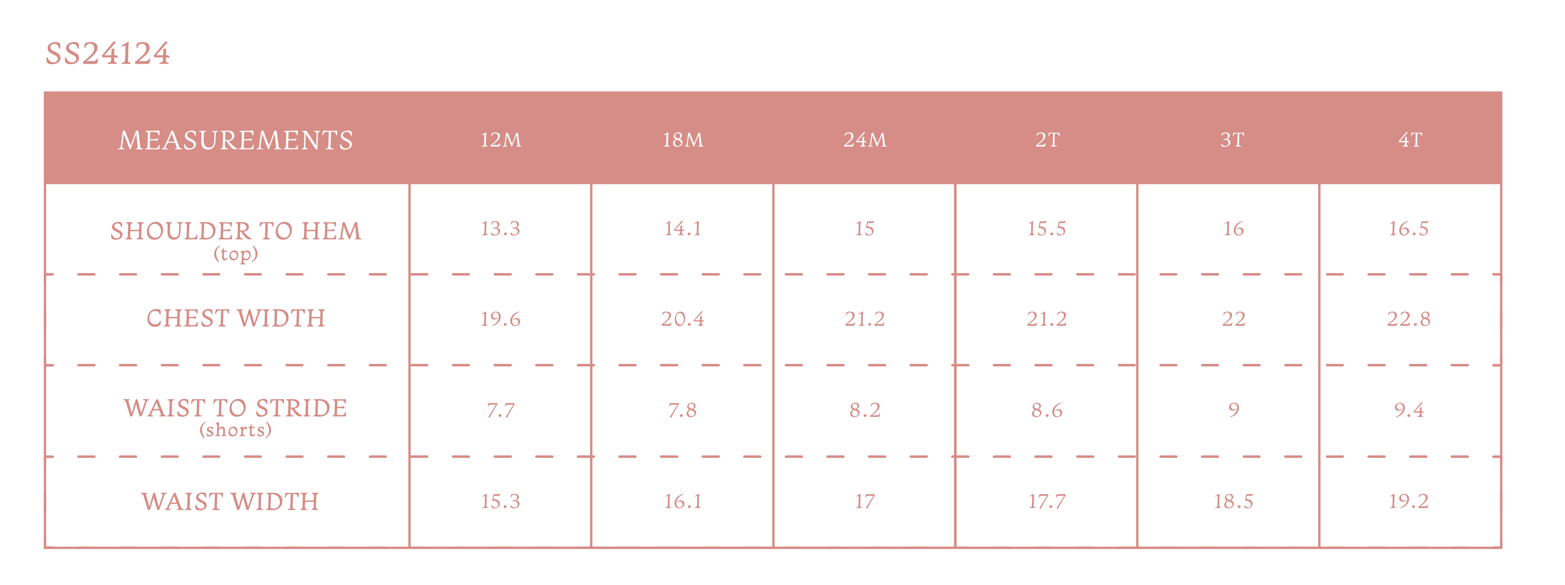 Size chart for Mary Girl Set - Peony Print