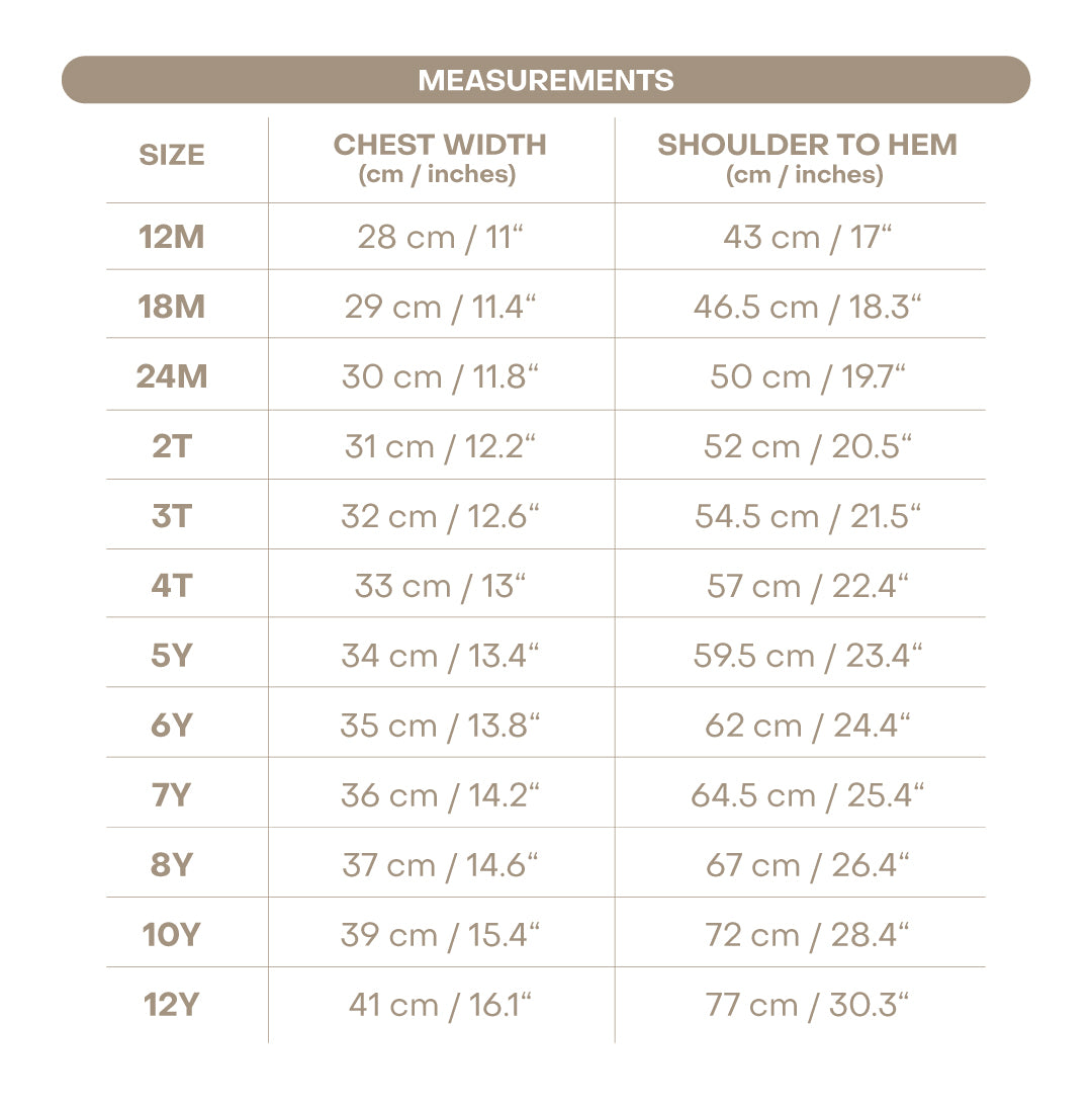 Size chart for Seraphina Girl Dress