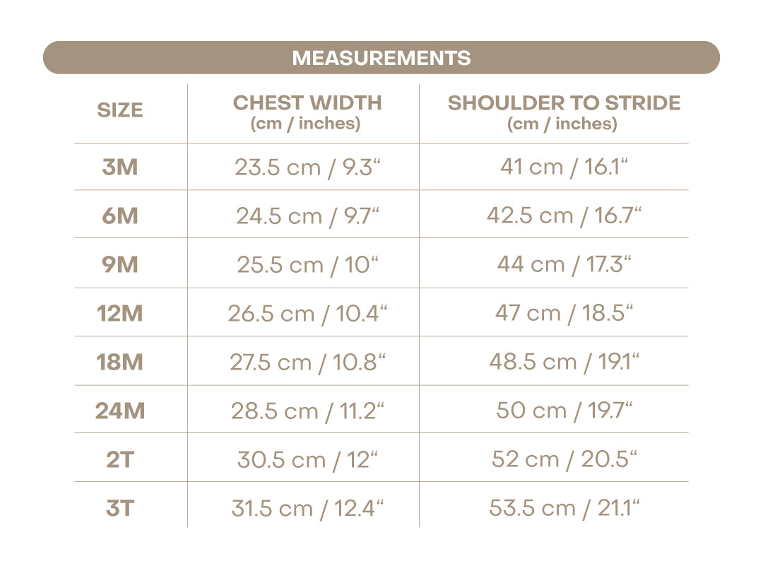 Size chart for Goldie Girl Bubble