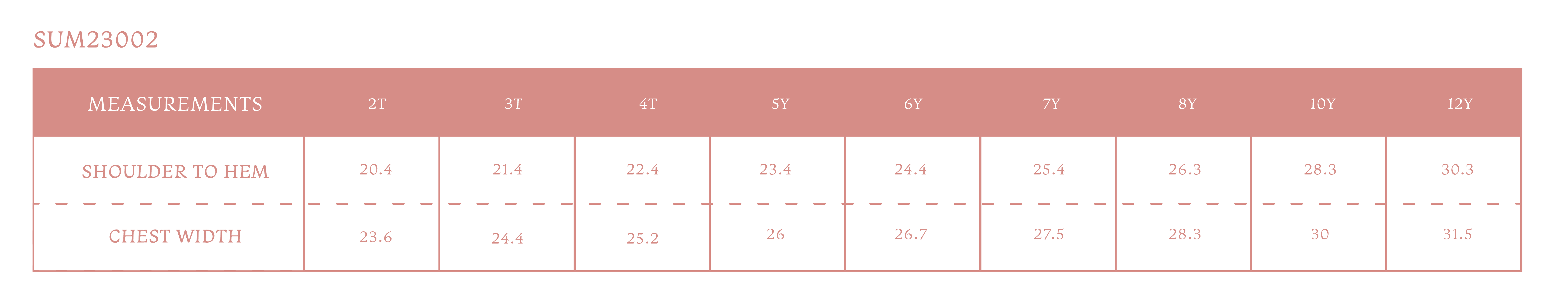 Size chart for Madison Girl Dress