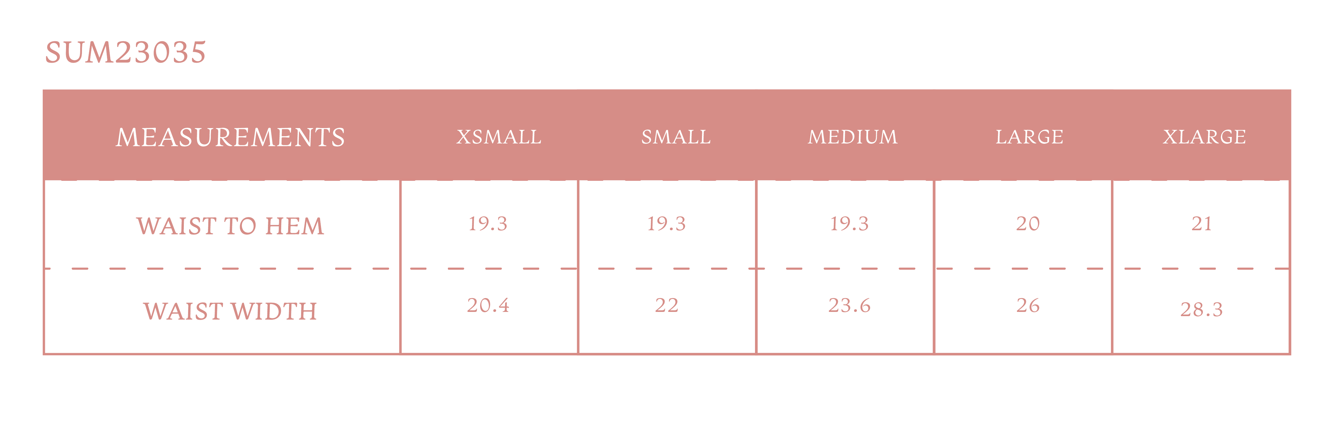 Size chart for Women's Flora Skirt