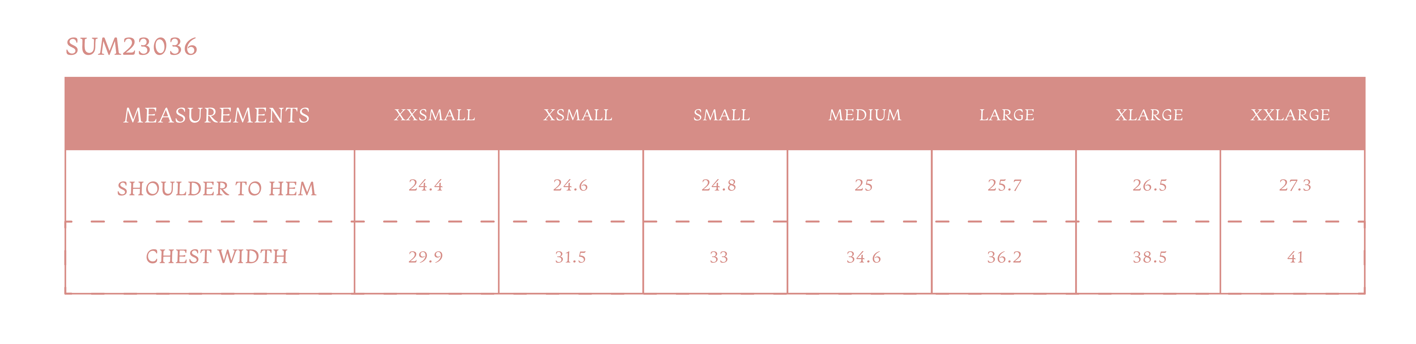 Size chart for Women's Flora Shirt