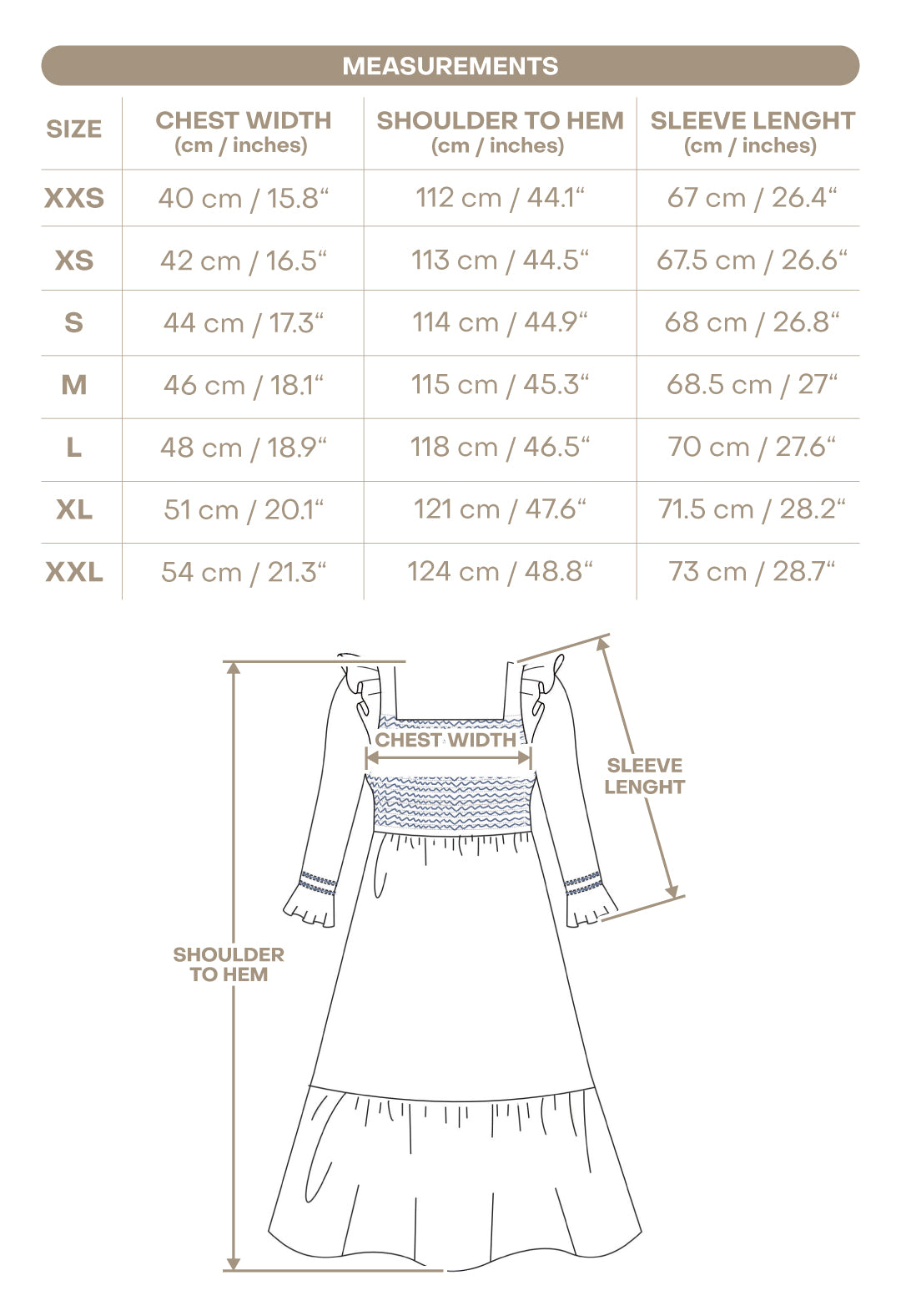 Size chart for Celeste Women’s Dress