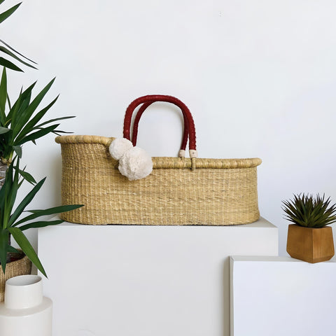 Natural African Moses Basket - Cognac + Cream Handle