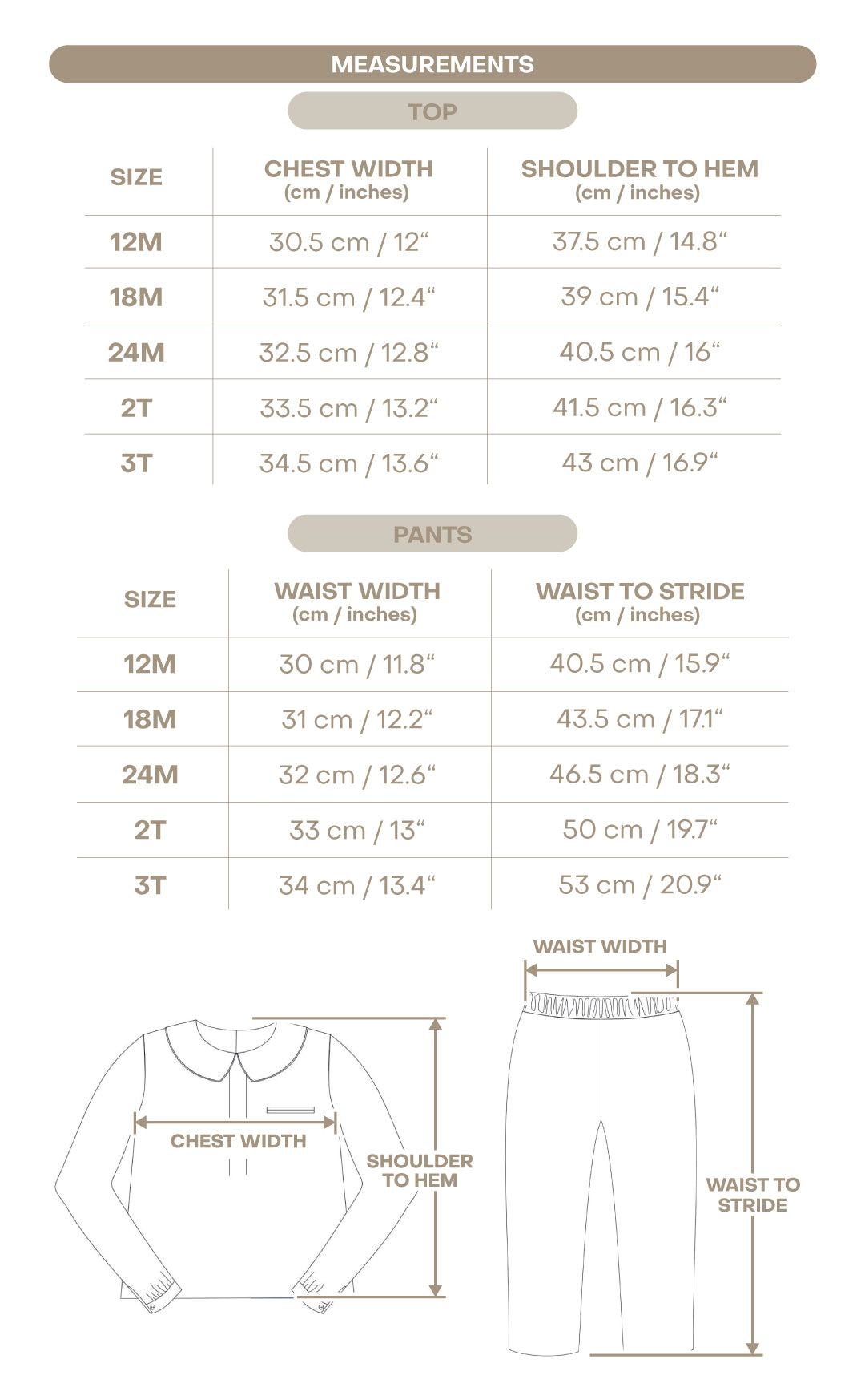 Size chart for Wyatt Boy Pant Set - Snowy Slopes