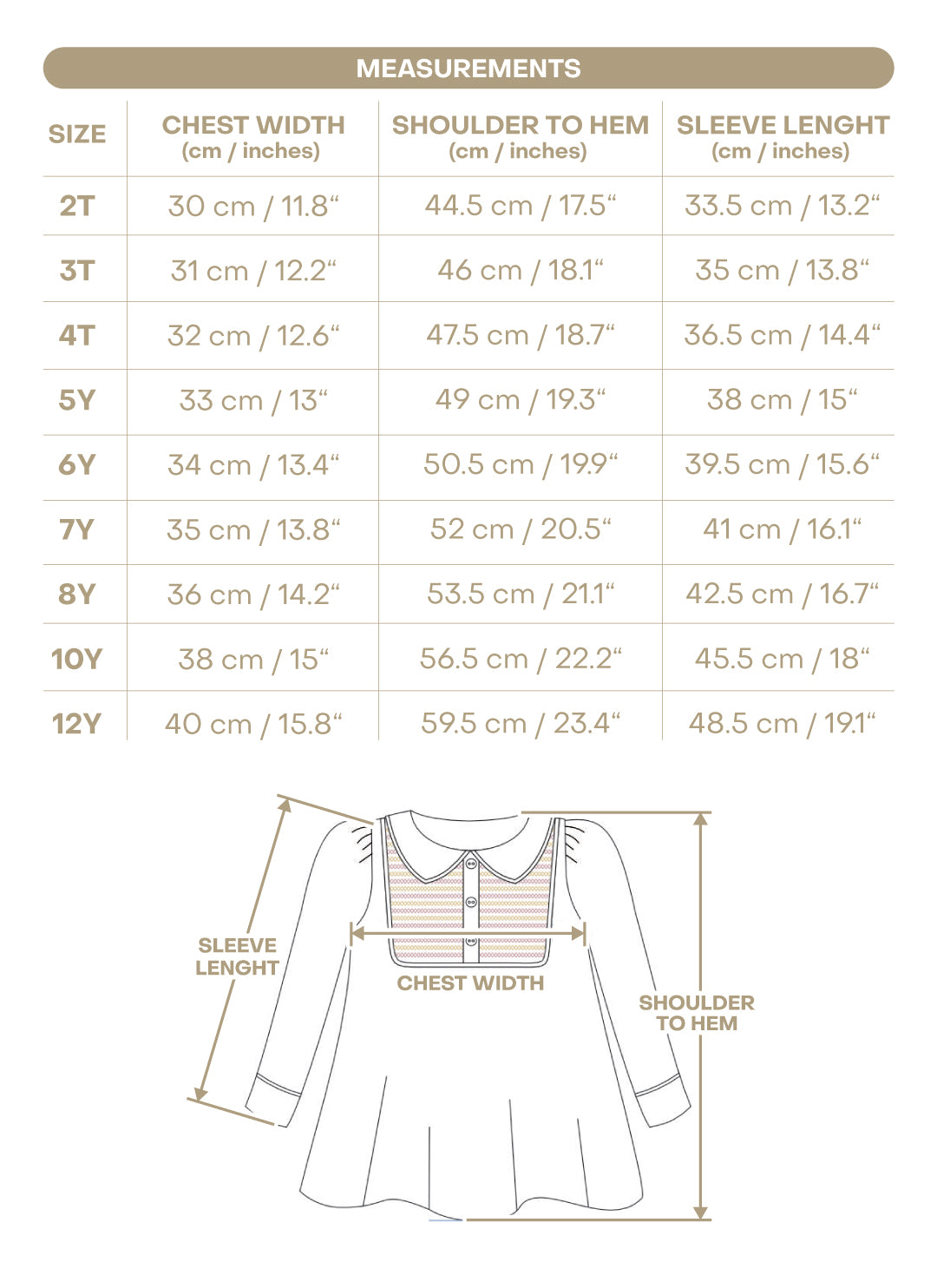 Size chart for Caroline Girl Shirt