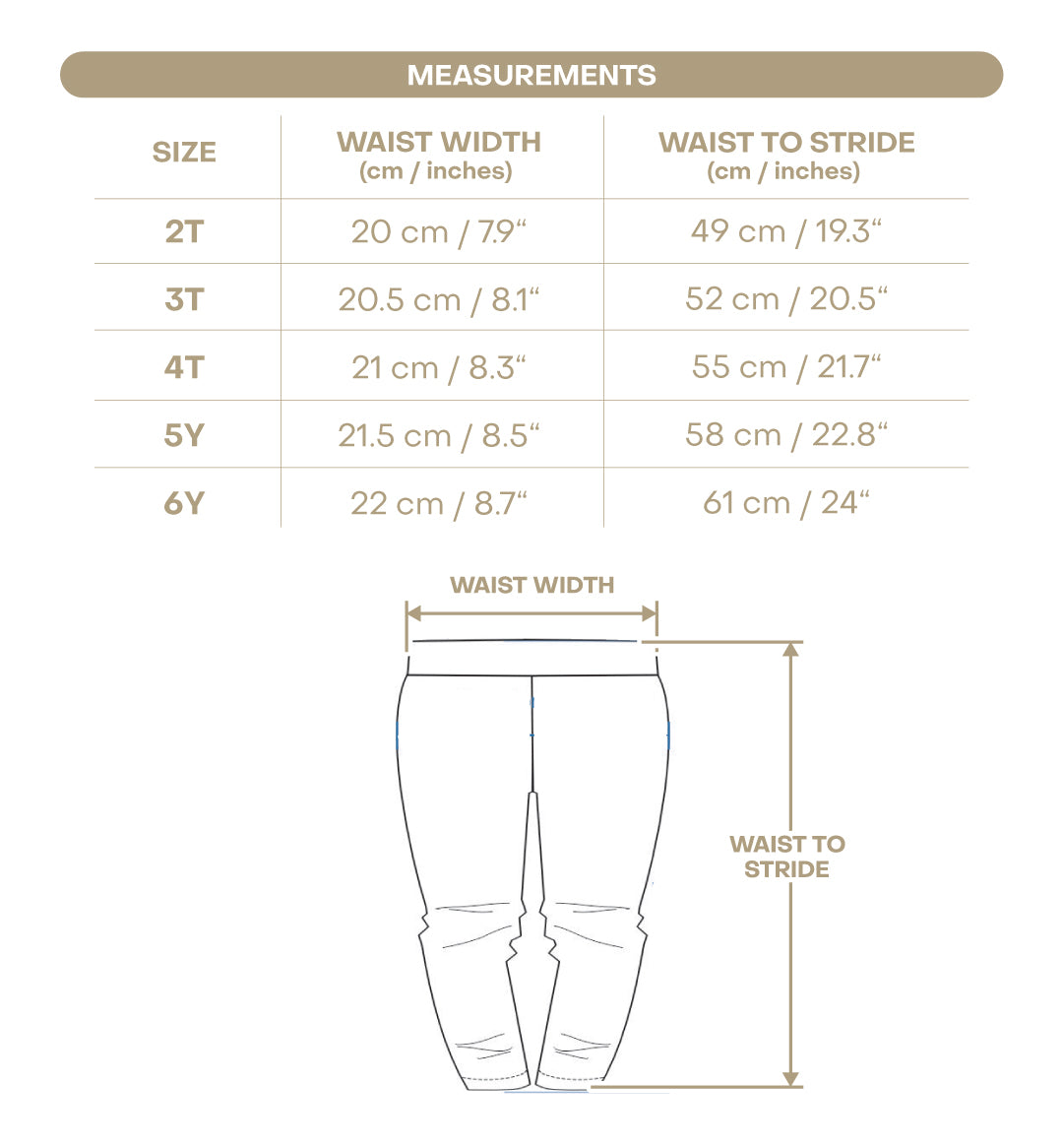 Size chart for Pink Girl Leggings