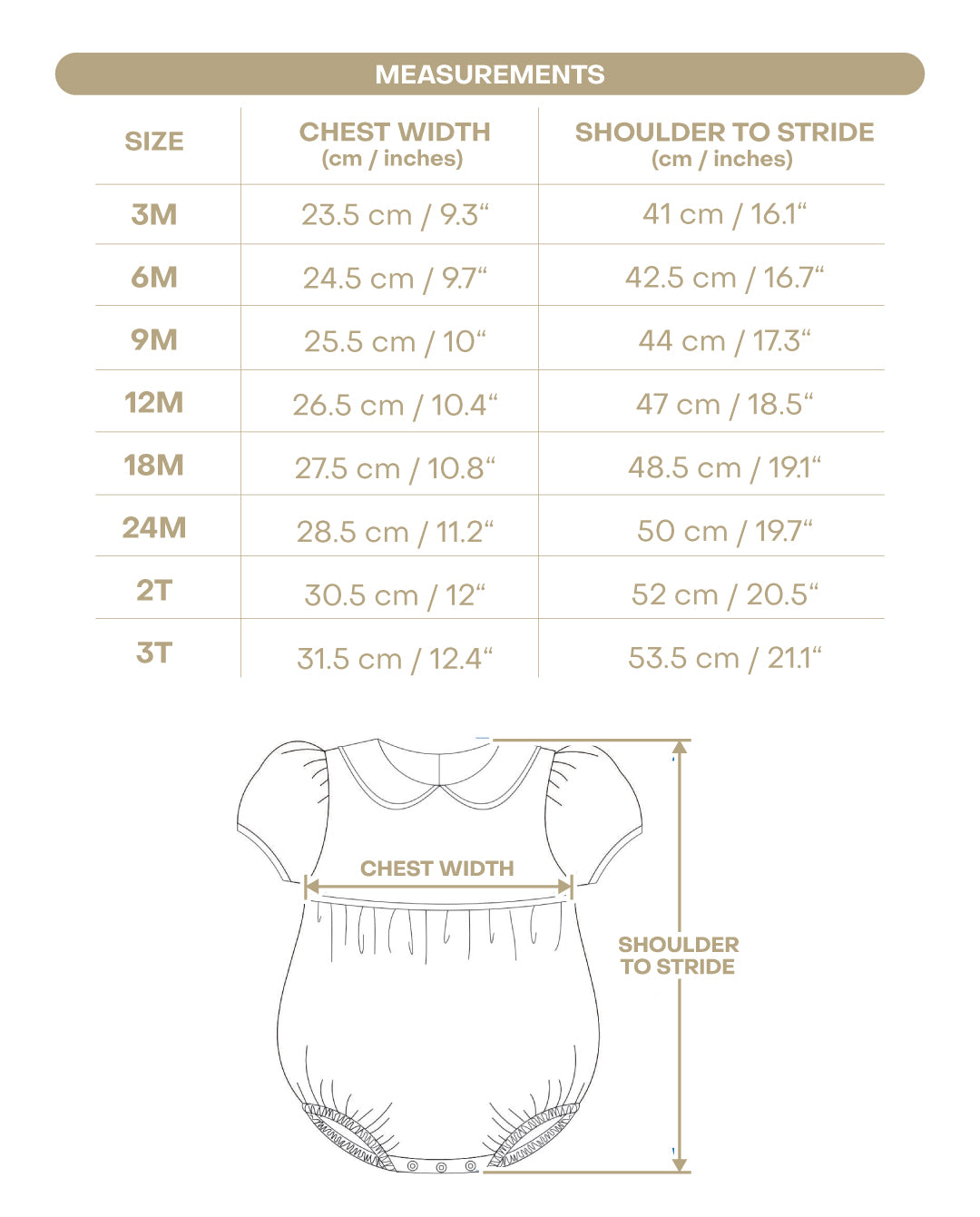 Size chart for Flora Girl Bubble